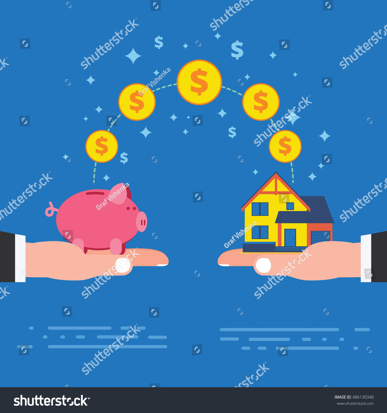 Real estate investment or housing construction payment. Buying new house metaphor with piggy bank on hand. Business concept vector illustration