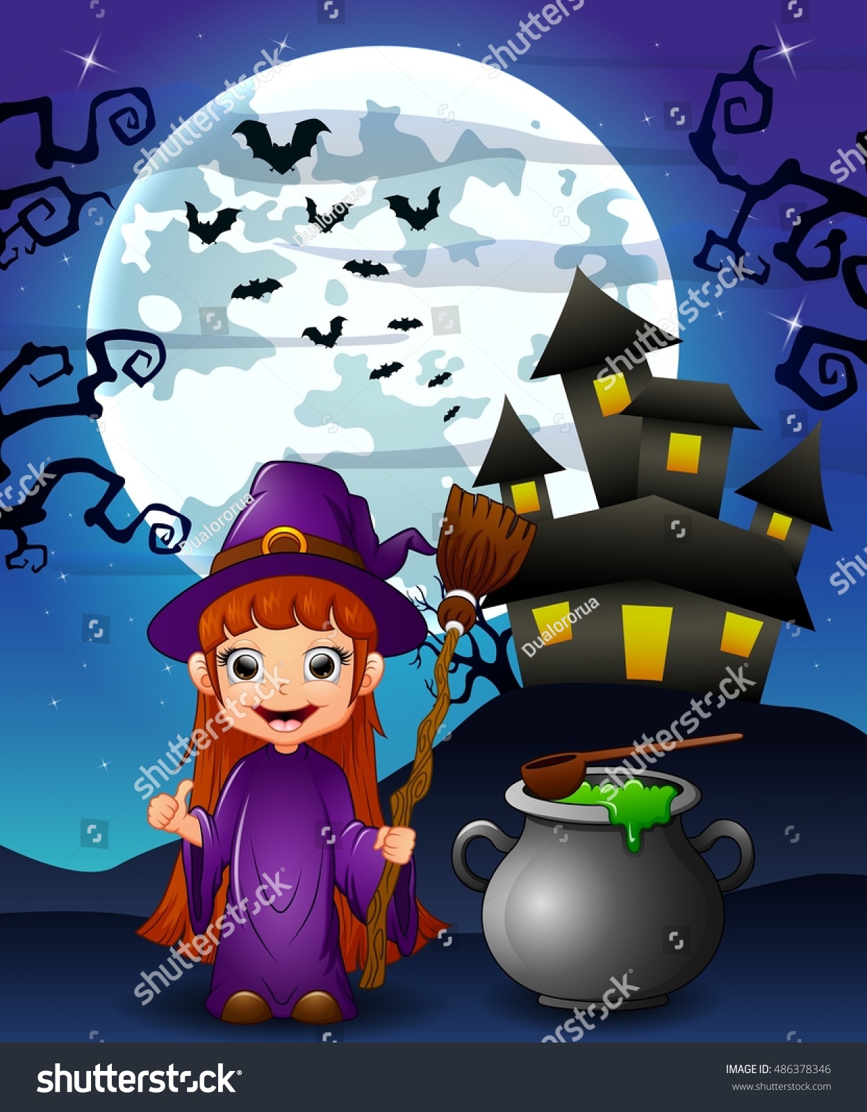 halloweenbackgroundwithgirlwitchholdingbroomstickandcauldron
