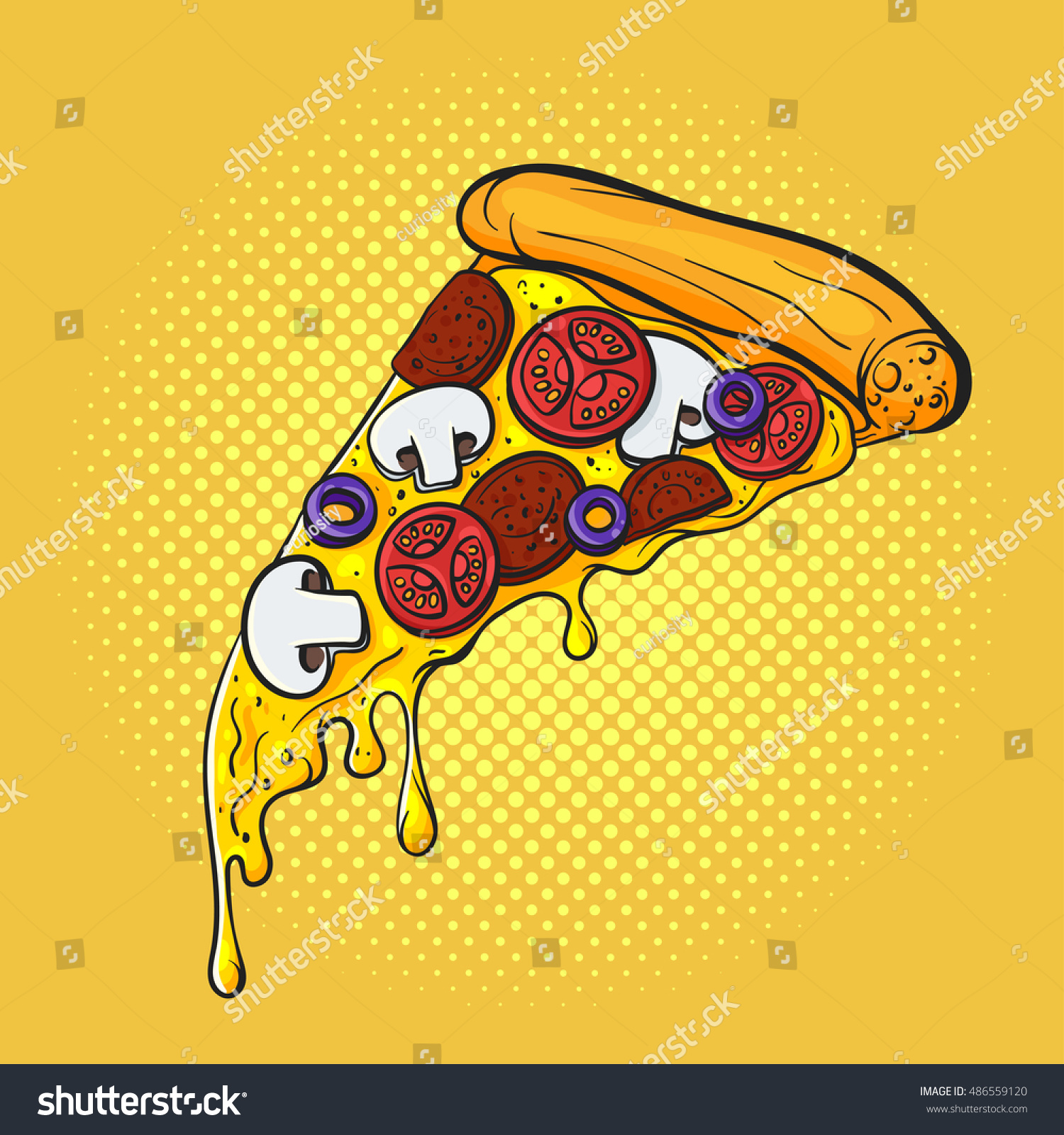 Vector hand drawn pop art illustration of pizza. Fast food. Retro style. Hand drawn sign. Illustration for print  web.