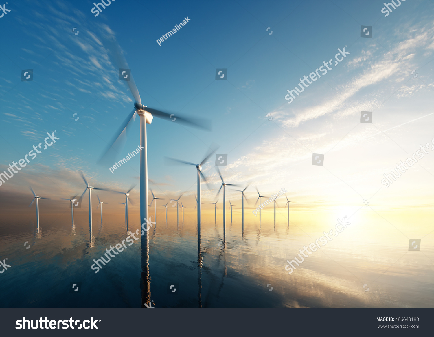 Offshore wind park at daybreak. 3d rendering.