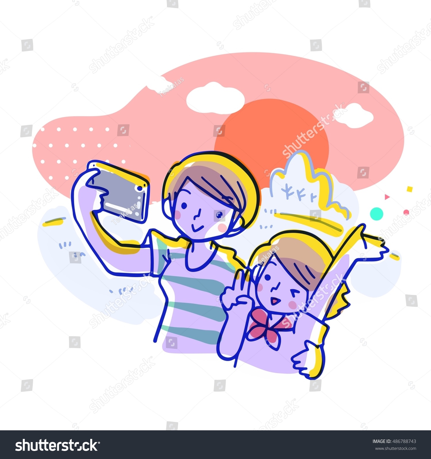 Cartoon vector illustration of short haired mother and her daughter happily taking selfie photo under the sunset sky with big bright orange sun and clouds in the background.