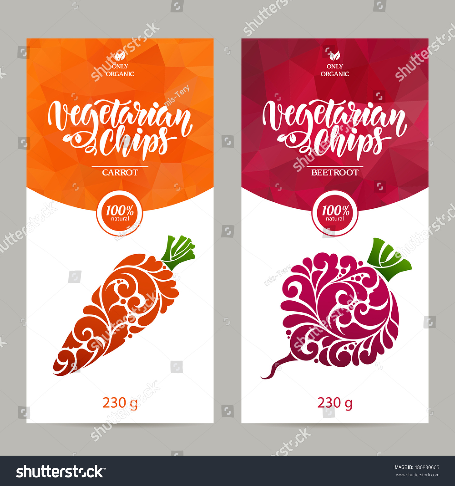 Vector set of templates packaging vegetarian food  label  banner  poster  identity  branding. Abstract color background with ornamental design elements - carrot and beetroot. Vegetarian chips