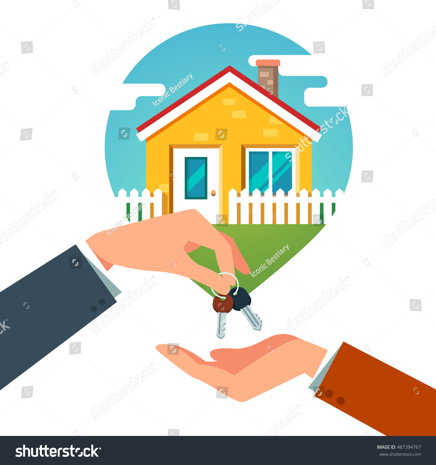 Buying a new house. Real estate agent giving a home keychain to a buyer. Modern flat style vector illustration isolated on white background.
