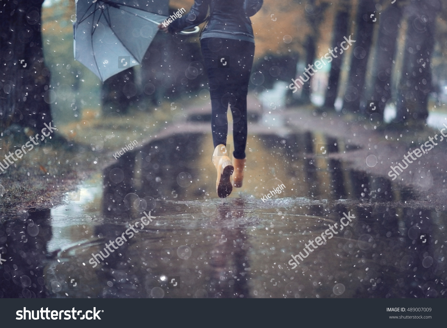 autumn landscape city woman umbrella rain puddles of yellow trees