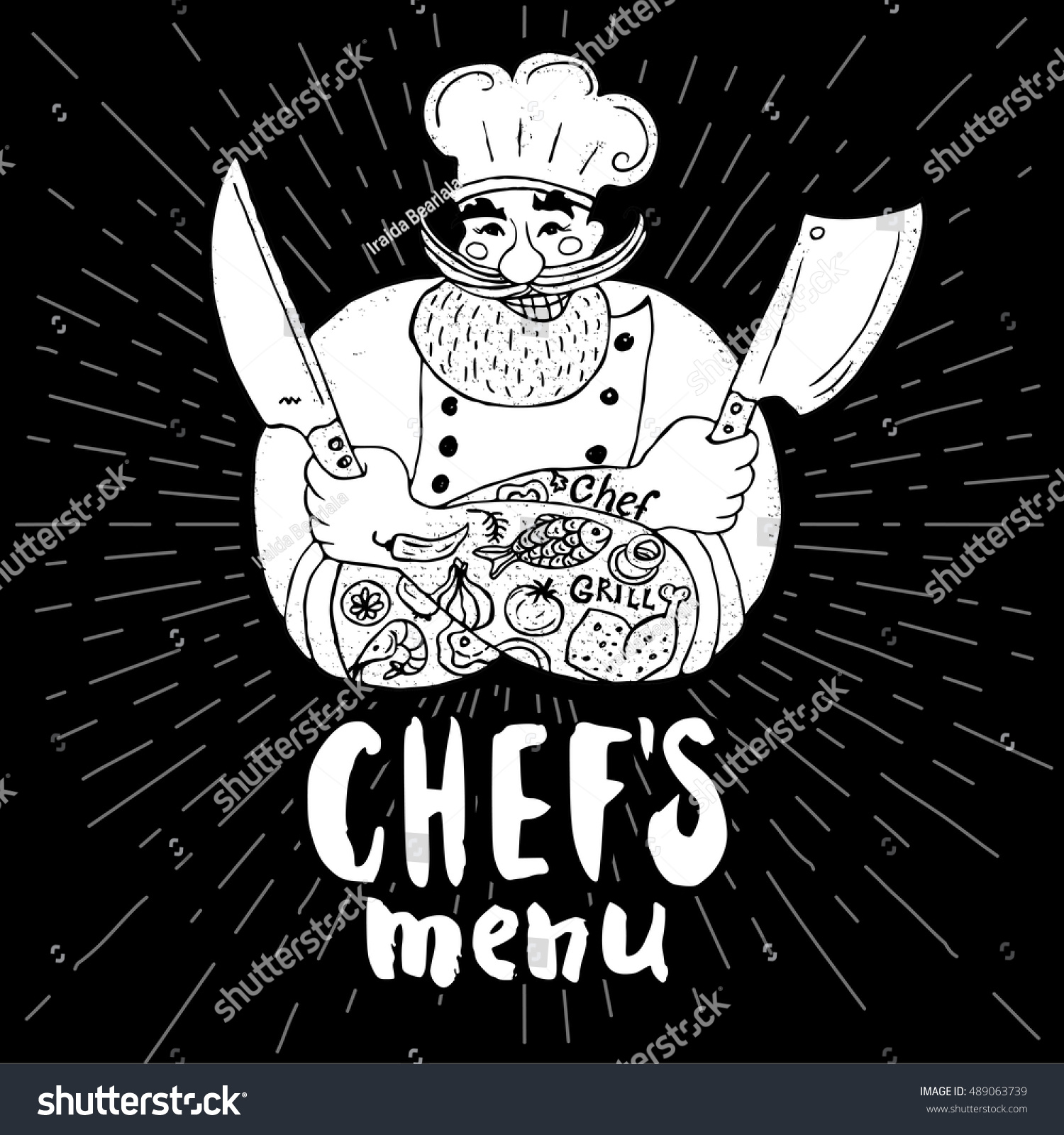 Chef's menu logo. Chalkboard  background. Chef  male  beard  mustache  knife  smile  cleavers  chef's hat  light rays. Hand drawn vector illustration.