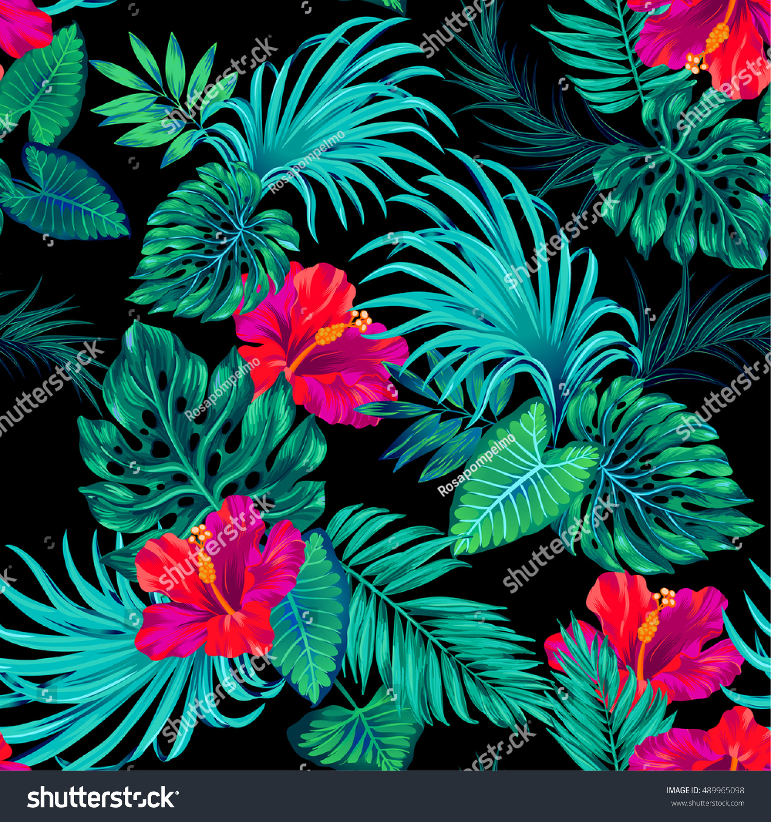 amazing vector tropical pattern. intricate Palms and hibiscus. Vector botanical. black  dark colors. fashion print.