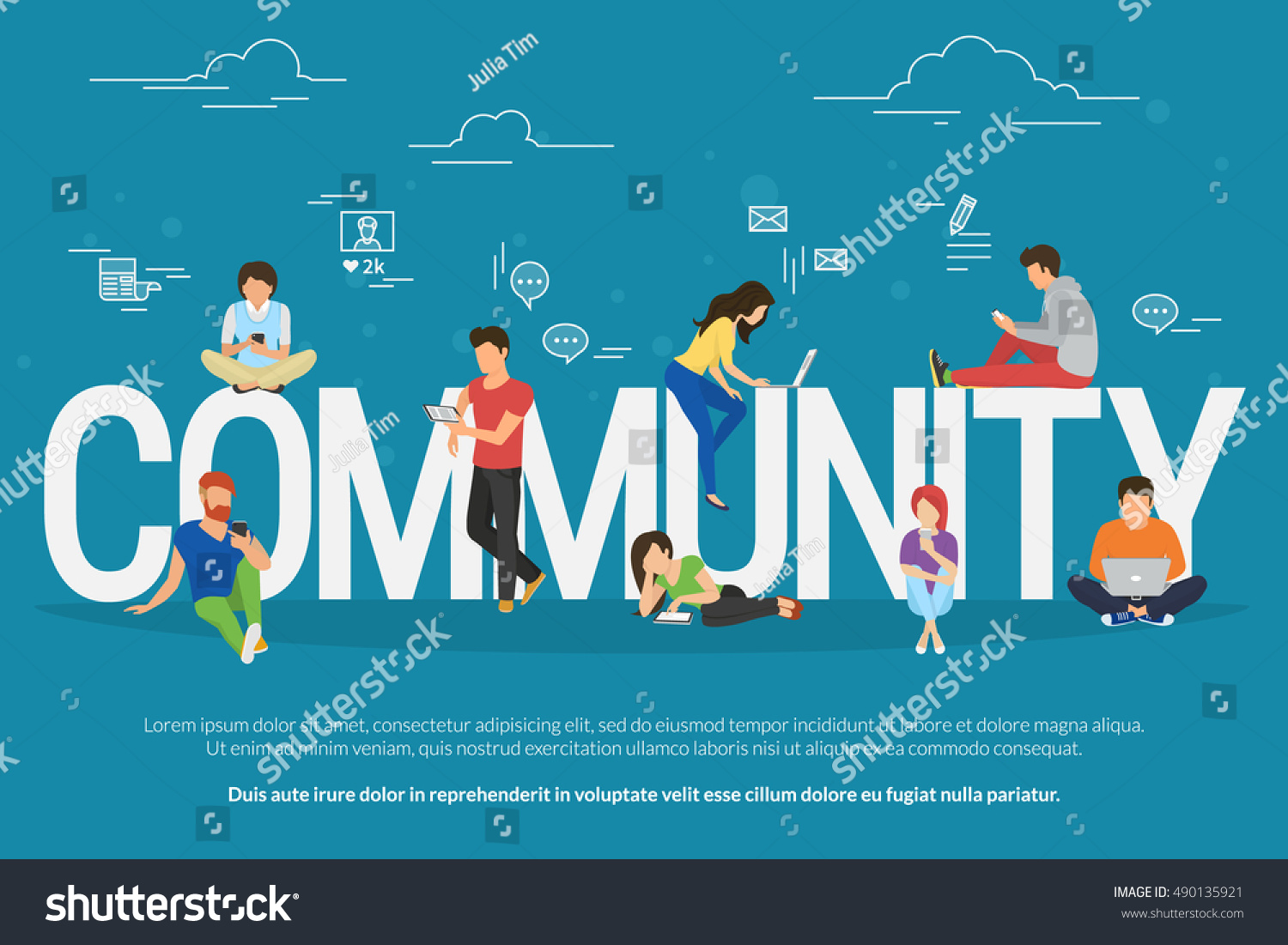 Community concept illustration of young people using mobile gadgets such as smarthone  tablet and laptop as part of internet community. Flat design of student guys and young women on letters symbols