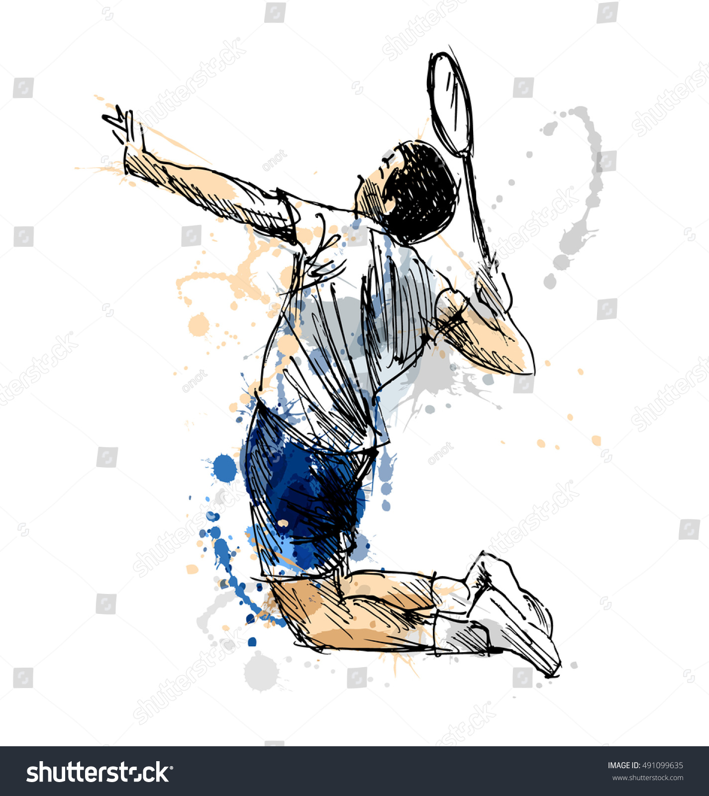 Colored hand sketch badminton player. Vector illustration