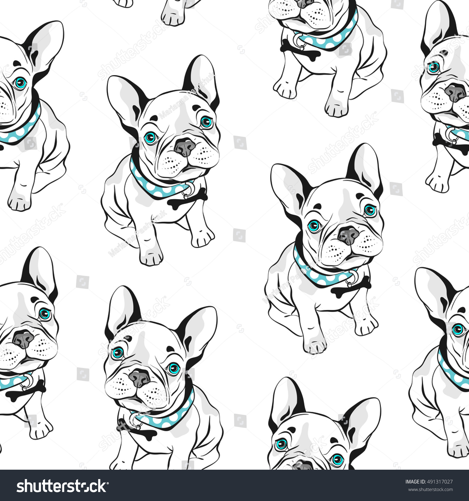 French bulldog seamless pattern on white background. Vector illustration. Hand drawn funny dogs with blue eyes. 