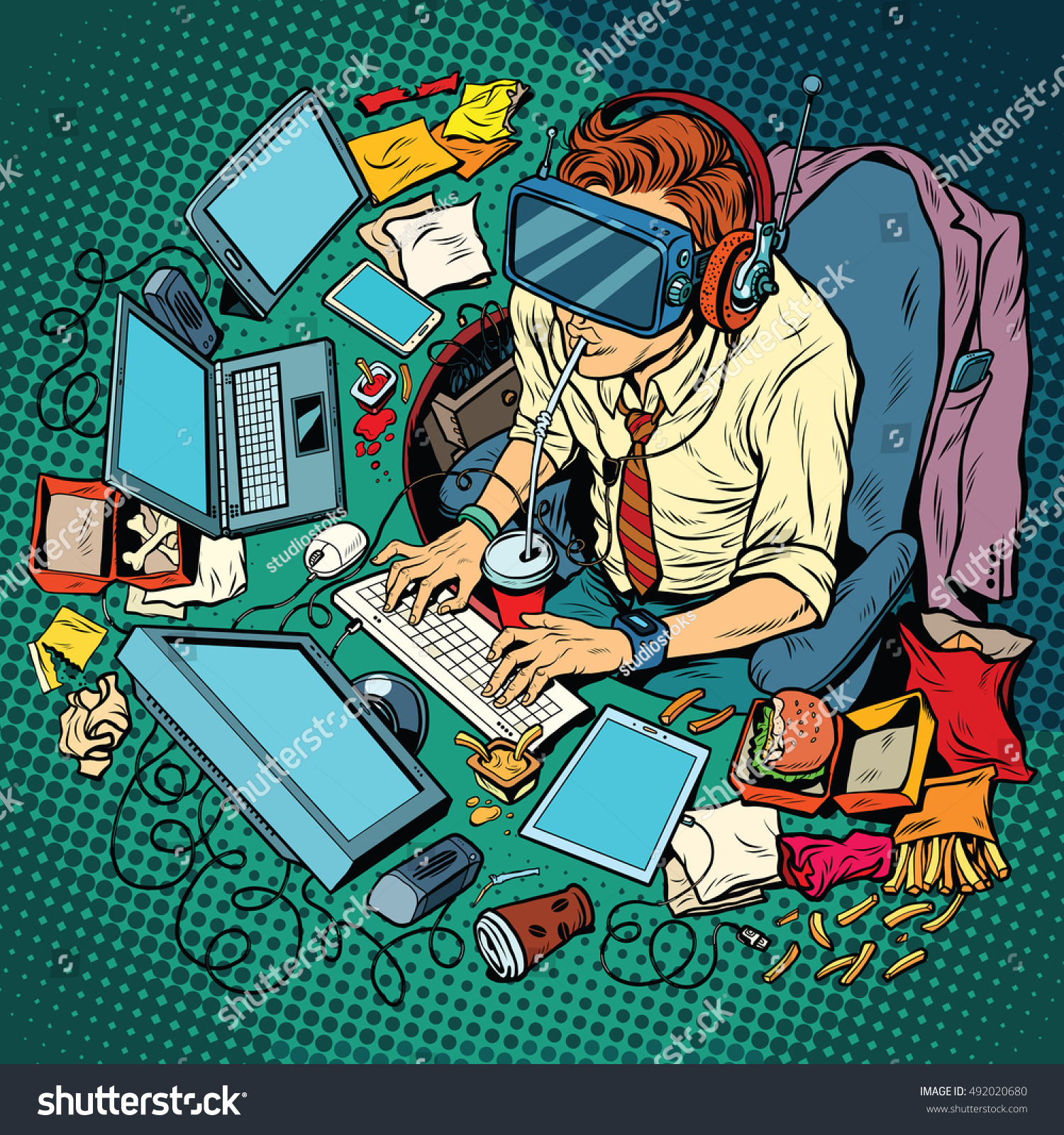 IT geek working on computers  virtual reality  pop art retro vector illustration. Hacker cyber specialist