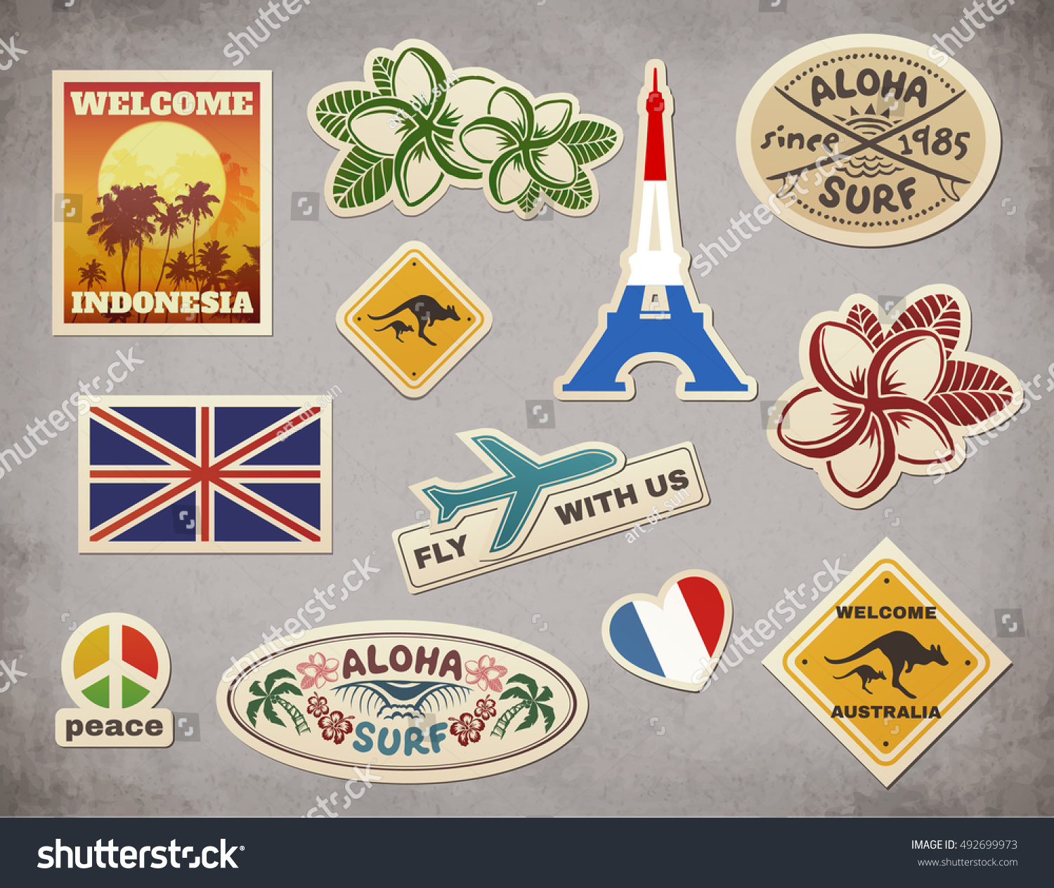 Retro travel luggage stickers vector set on grunge background