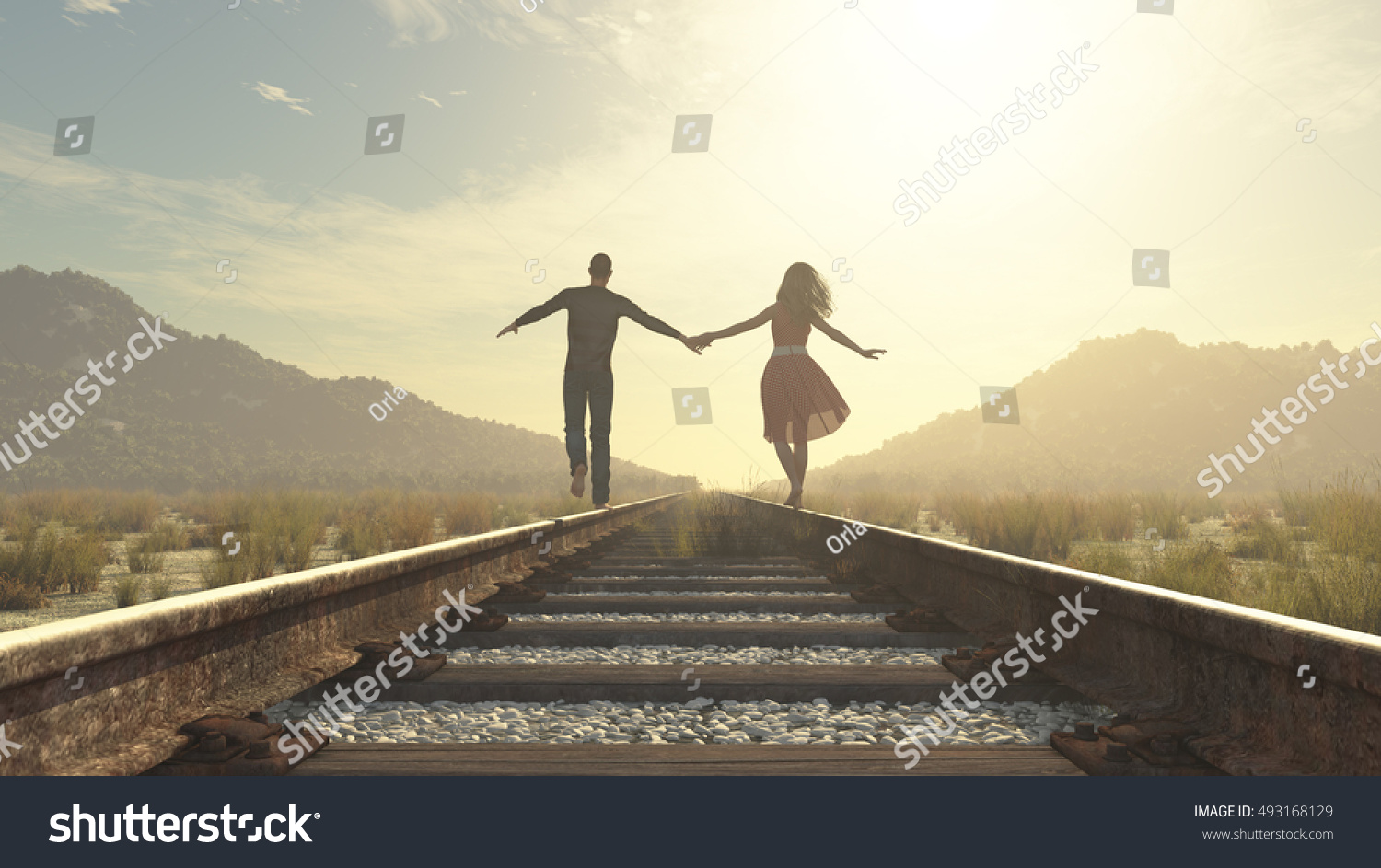 The young couple walking on a railway track.  This is a 3d render illustration