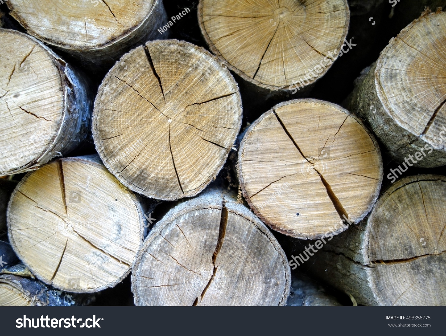 Wall of rugged textured firewood logs stacked in a rural Maine wood shed.