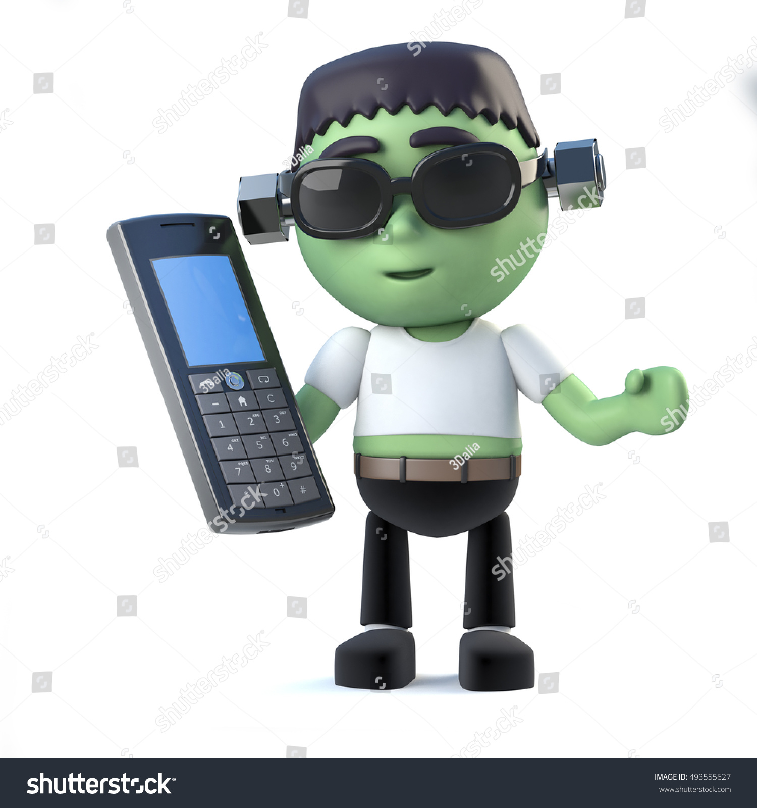 3d render of a cute kid frankenstein monster holding a cell phone.
