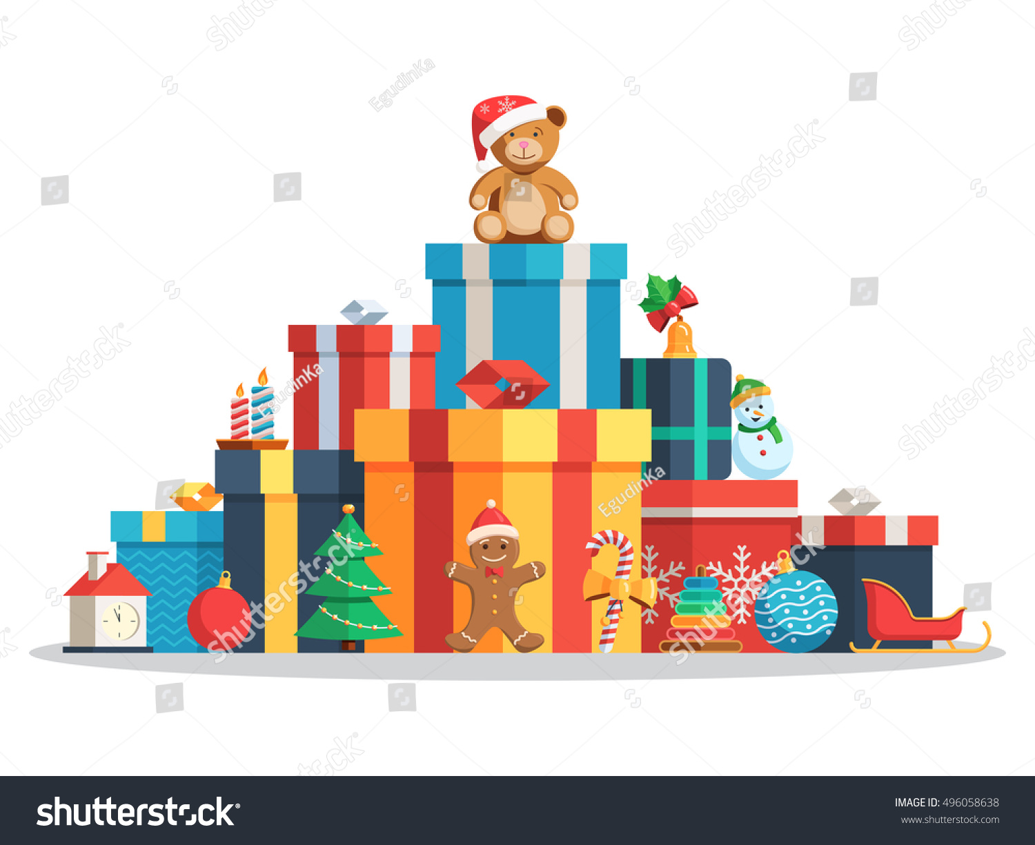 Big pile of colorful wrapped gift boxes and toys  Christmas balls  candy  candles  Gingerbread man  tree  bear in Santa hat. Flat style vector concept holiday illustration Isolated on white background