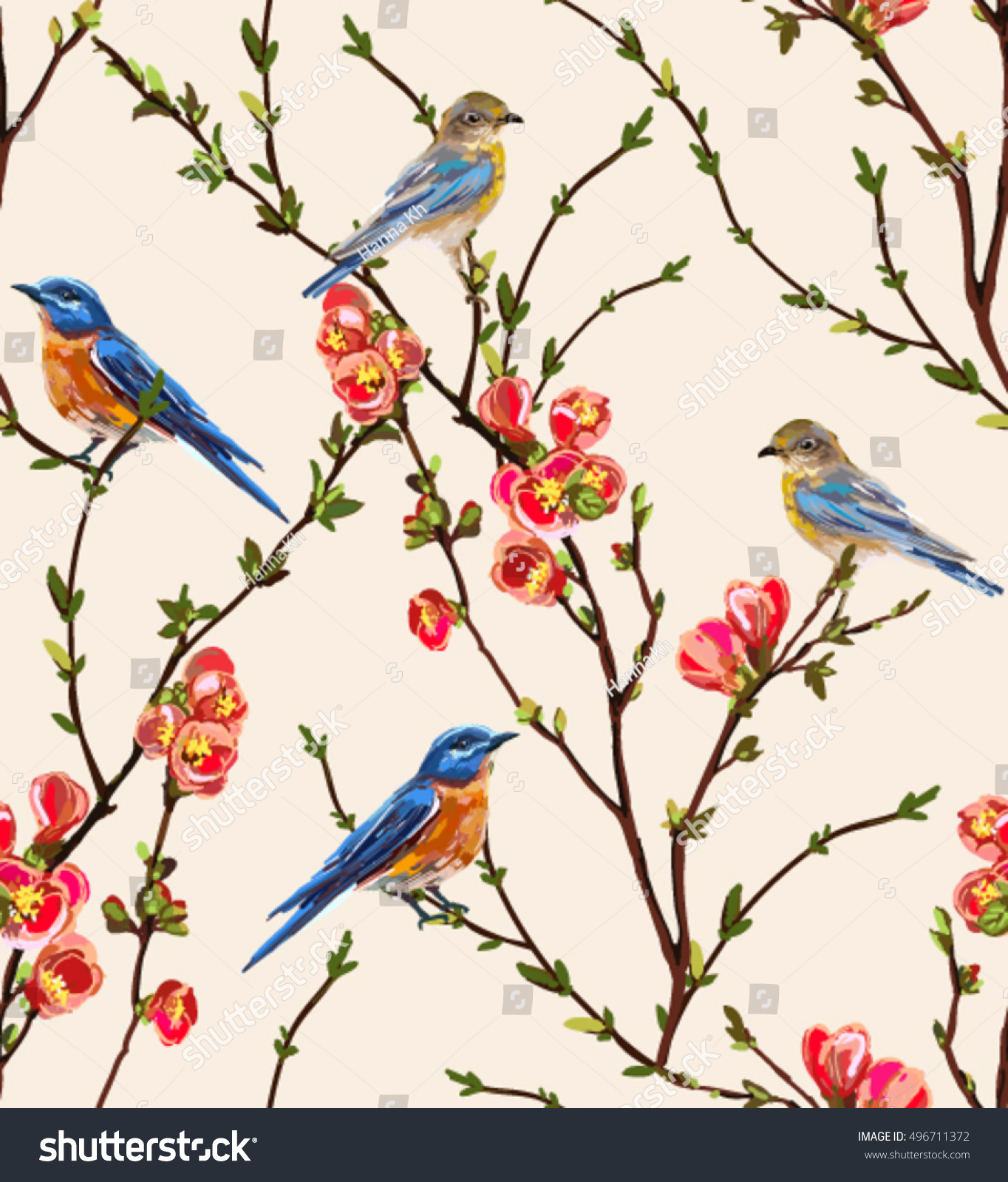 Beautiful seamless vector pattern with tropical japanese flowers and birds  tree  spring wallpaper   branches  leaves  isolated on white background