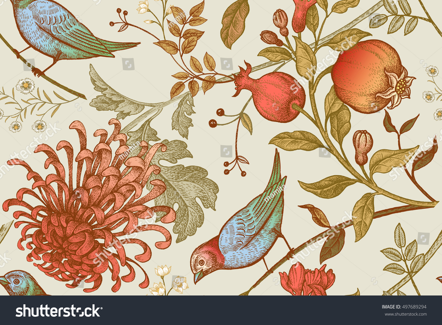 老式日本菊花花 石榴 树枝 叶子和鸟类。矢量无缝图案。面料 电话箱纸 礼品包装 纺织品 室内设计 封面的插图。