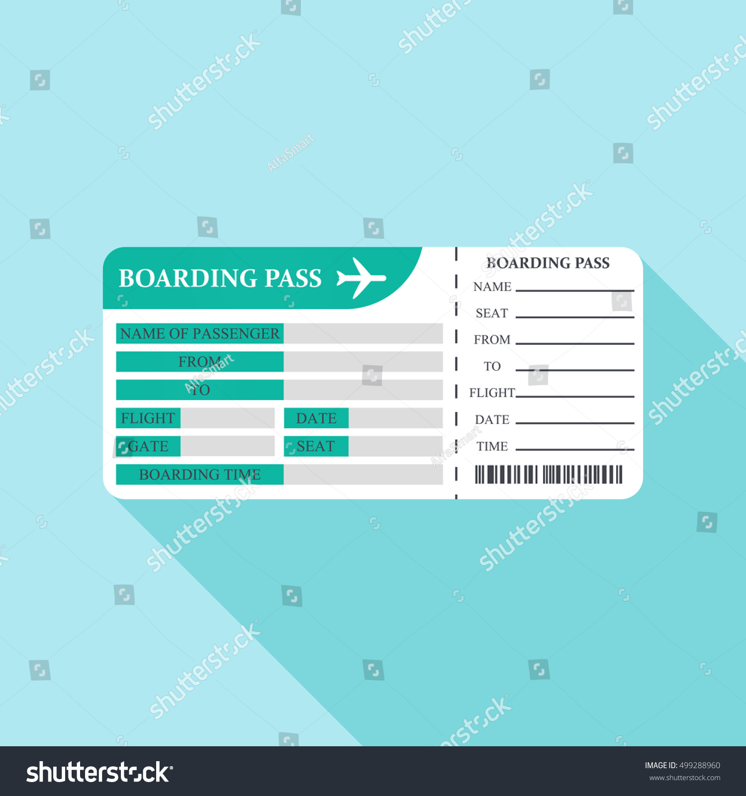 Vector illustration of airline boarding pass tickets. Flat style with long shadow