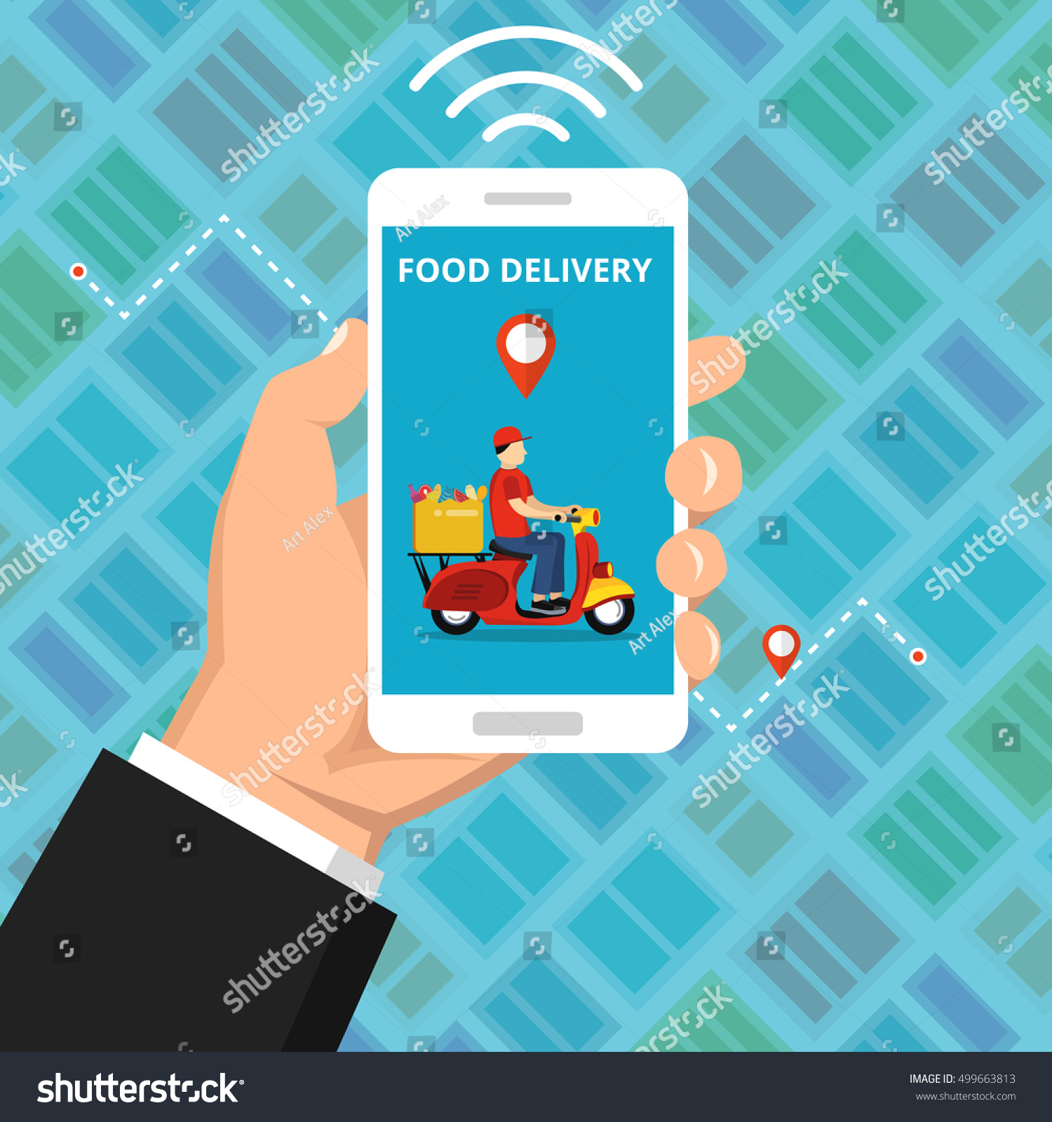 Concept of the fast grocery delivery service. Hand holding smartphone with scooter or motorbike on the screen. Flat vector illustration.