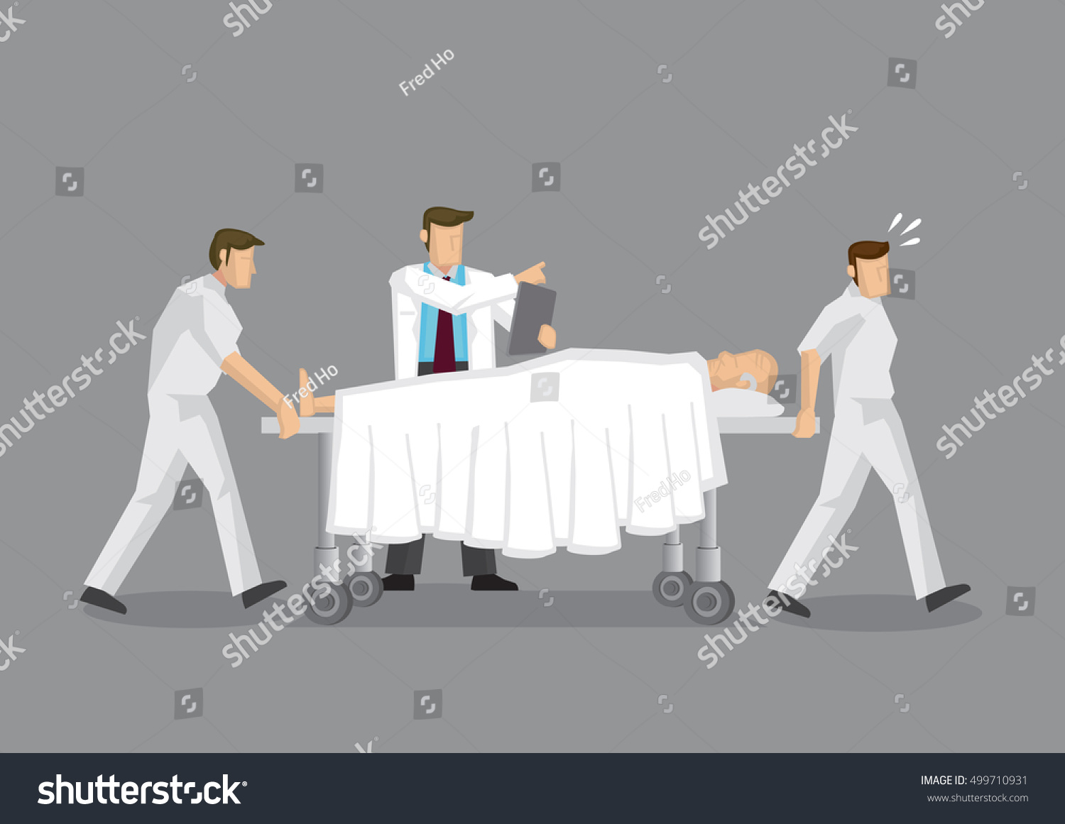 Health Professionals transporting elderly patient on mobile hospital bed with doctor directing at the side. Cartoon vector illustration on health and medical emergency department service.