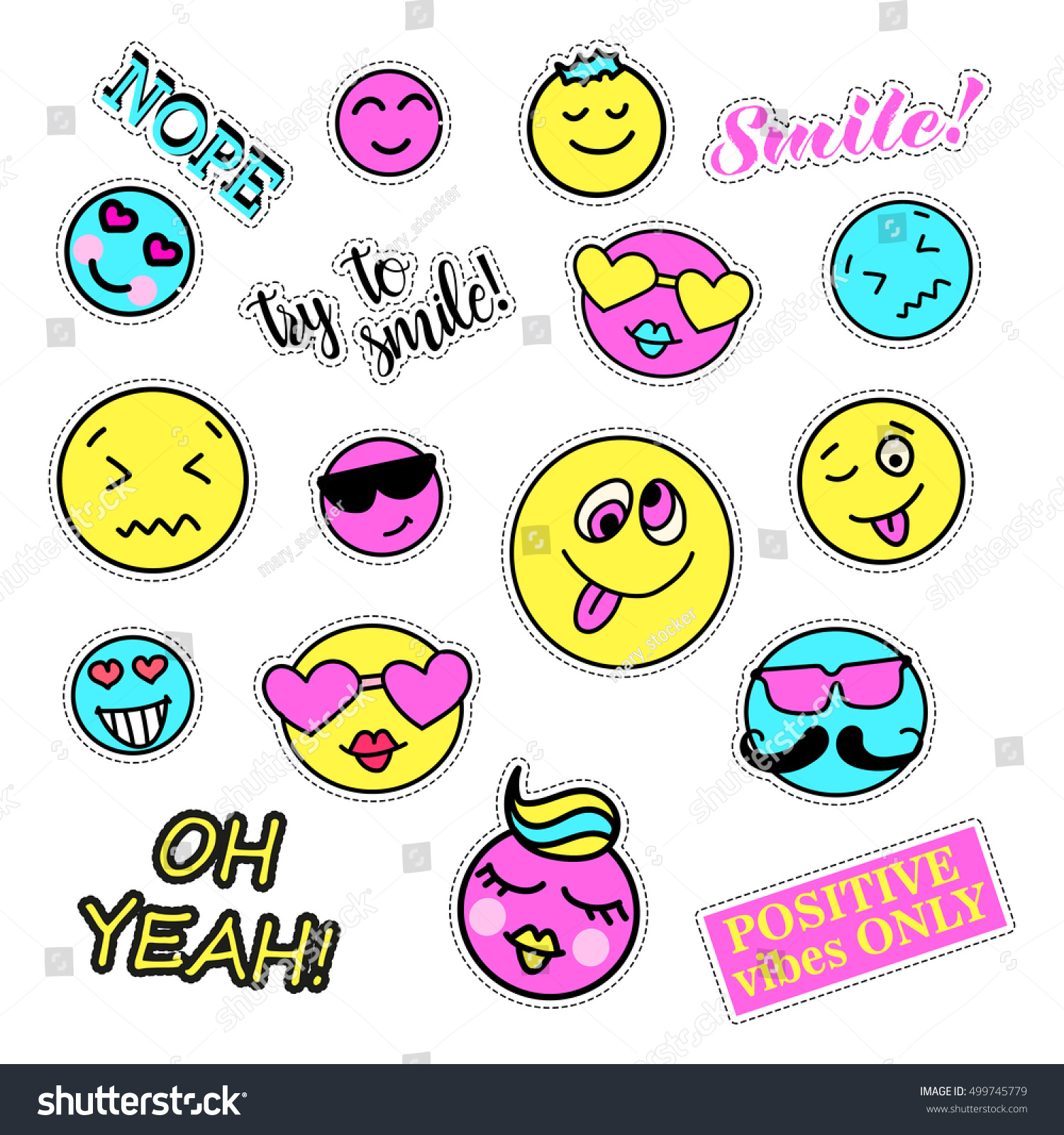 Pop art set with fashion patch badges. Smiles set. Stickers  pins  patches  quirky  handwritten notes collection. 80s-90s style. Trend. Vector illustration isolated. Vector clip art