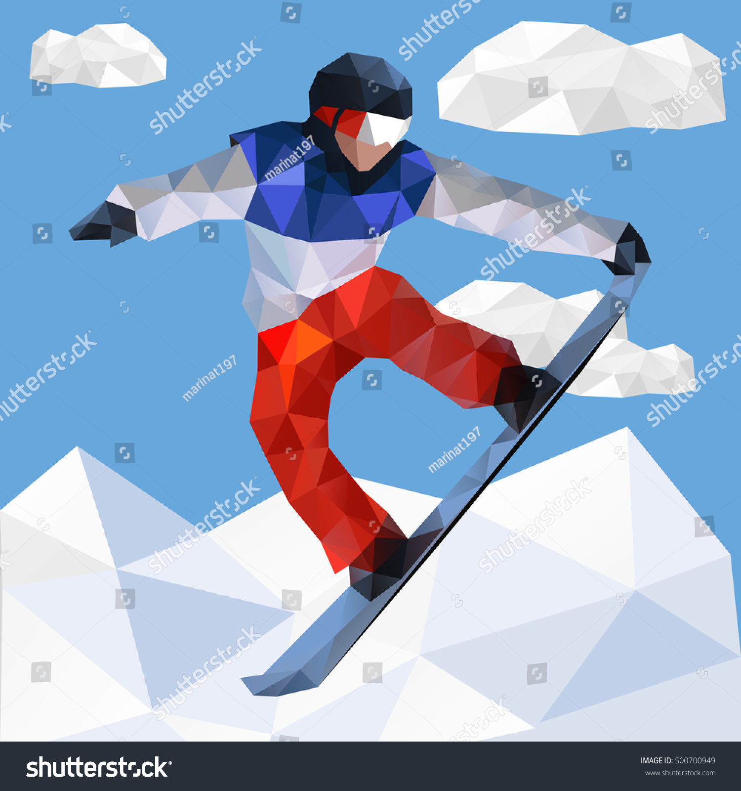 Snowboarder jumping through air with deep blue sky in background. Snowboard tricks vector