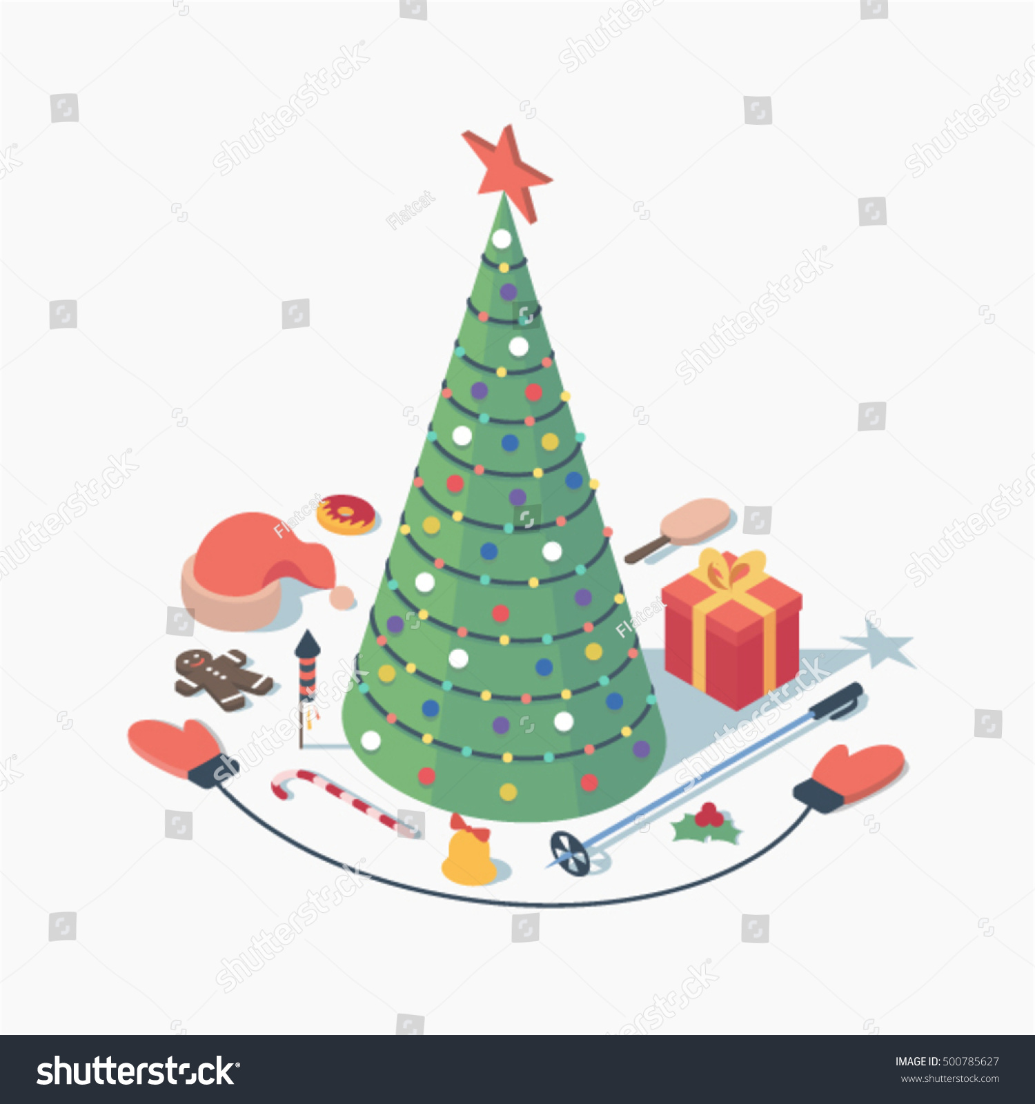 Christmas  vector isometric concept illustration  3d icon set  white background: christmas tree with star  hat of Santa Claus  cookie  candy  fireworks  bell  skiing  mittens  gift  ice cream