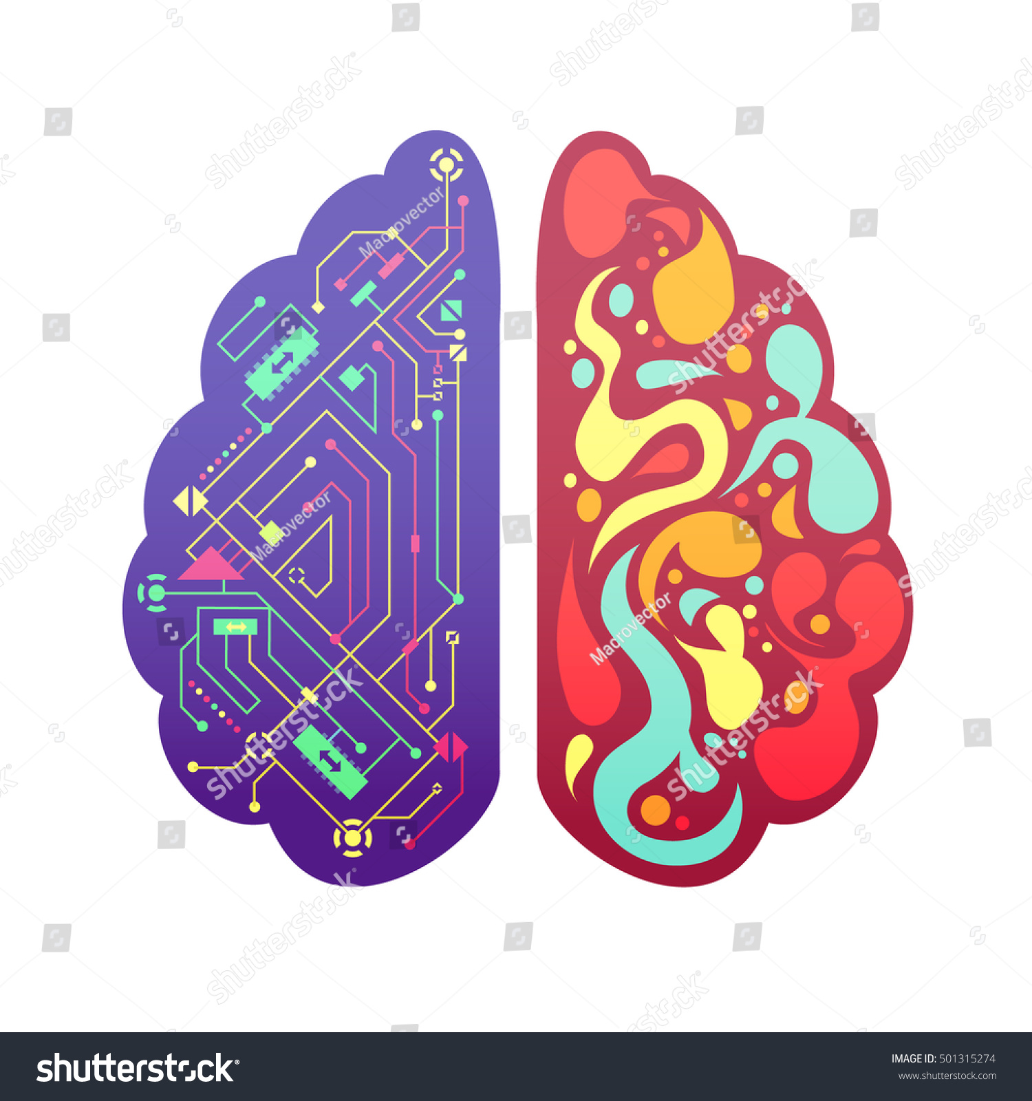 Left and right human brain cerebral hemispheres pictorial symbolic colorful figure with flowchart and activity zones vector illustration 