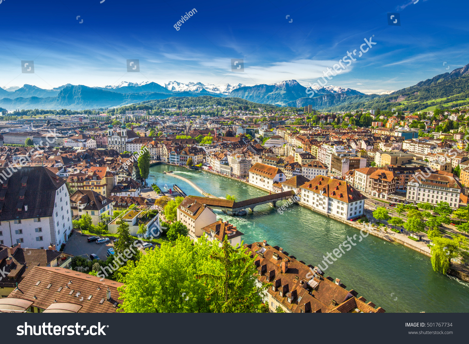 View to Pilatus mountain and historic city center of Luzern  Switzerland.