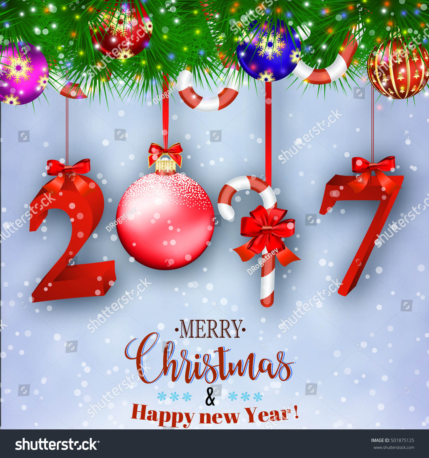 2017 new years background with christmas ball candy cane hanging