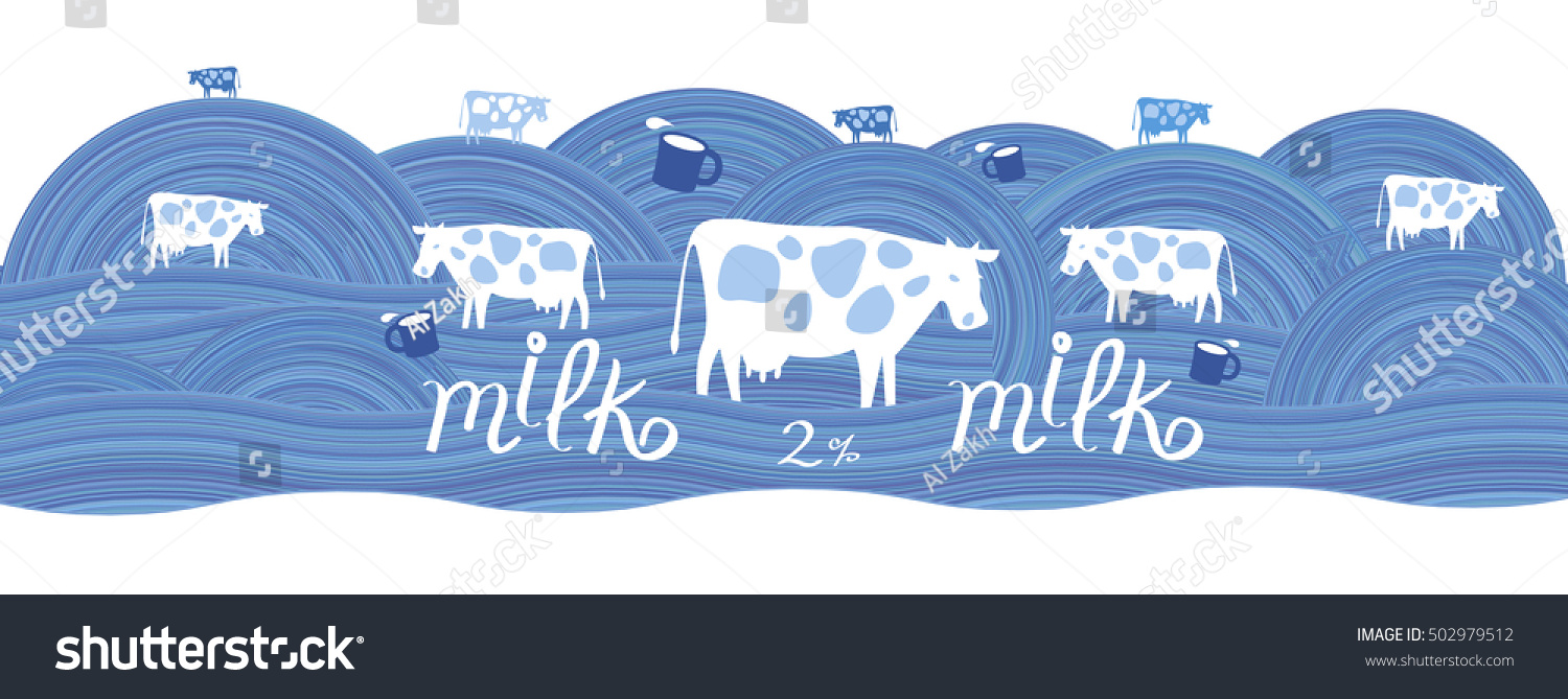 Cows and cup of milk on a blue field. Label for dairy products