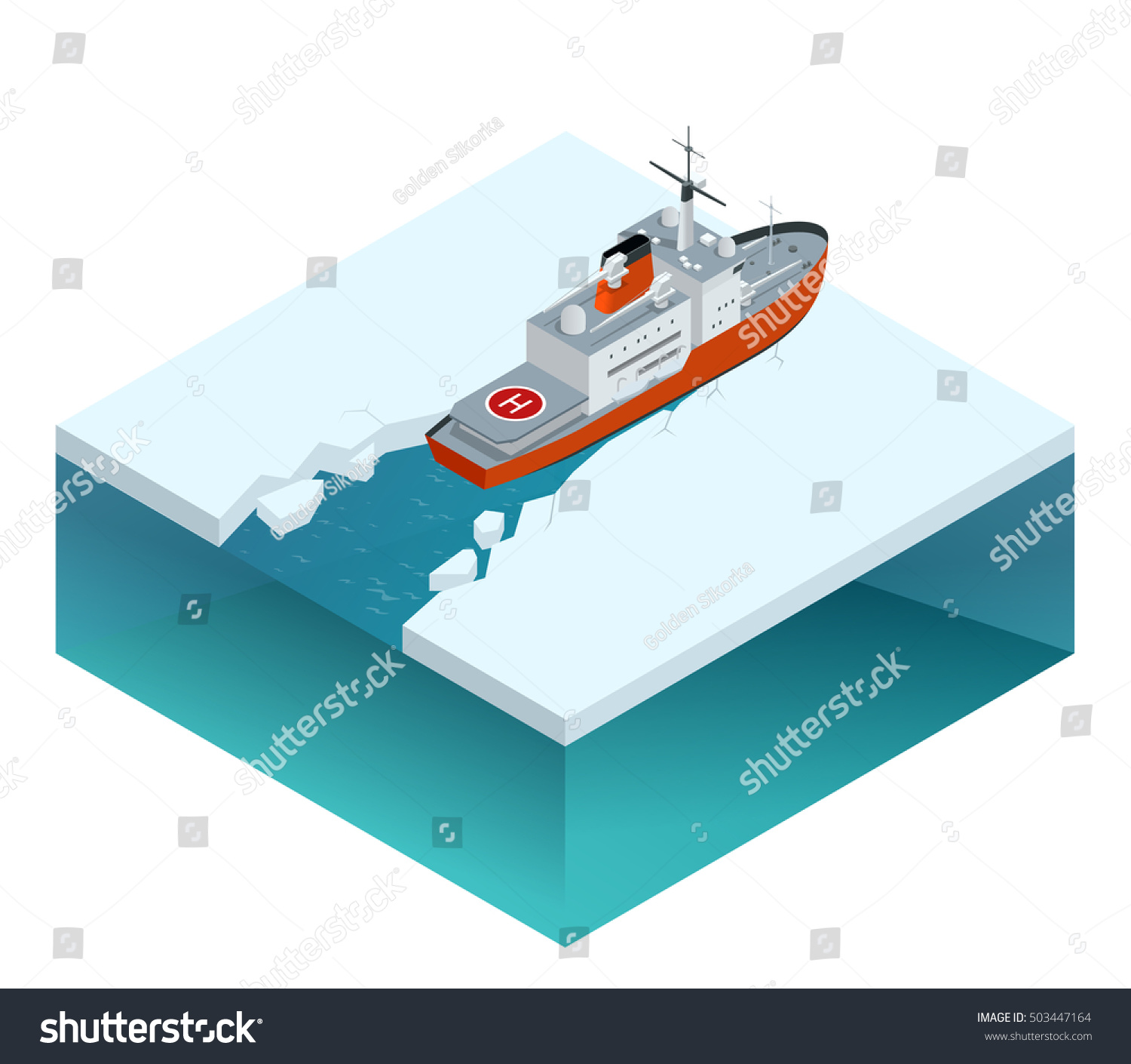 Isometric nuclear-powered icebreaker sailing in ice.  Flat 3d illustration. For infographics and design 
