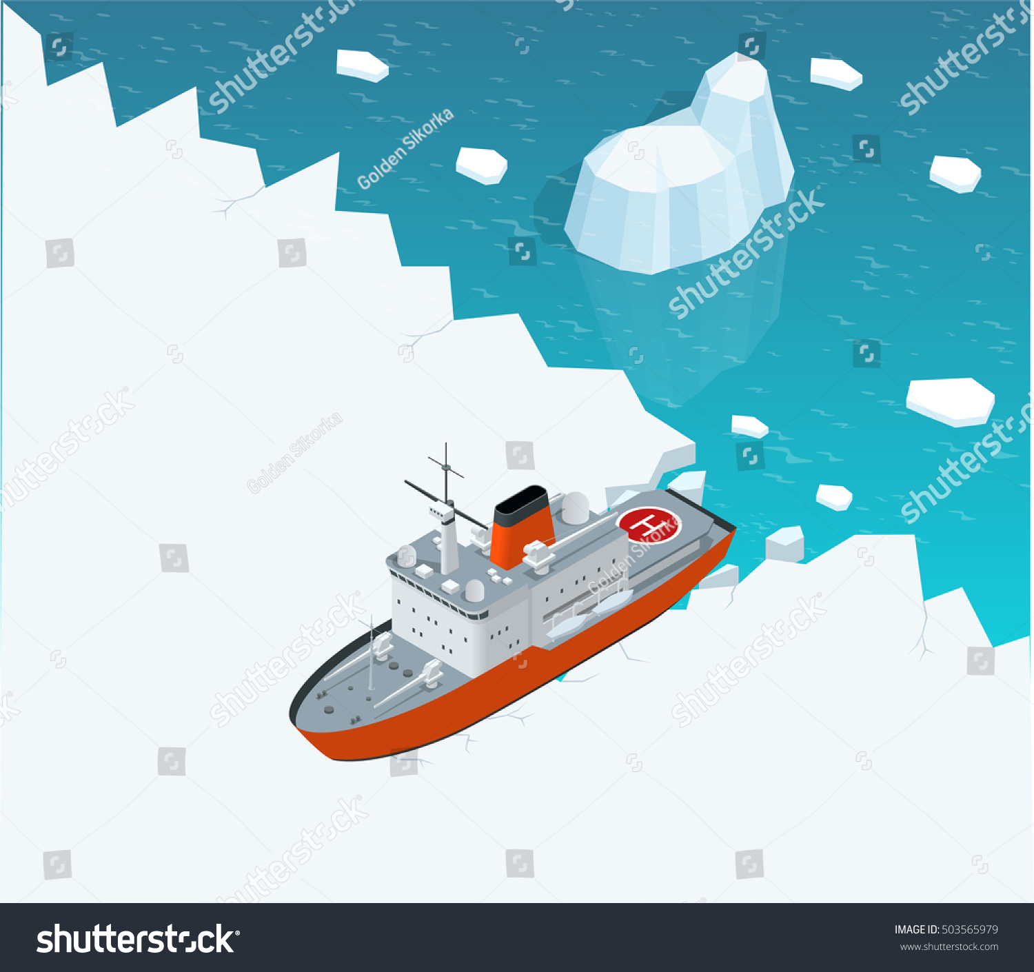 Isometric nuclear-powered icebreaker sailing on the ice in the sea. Flat 3d illustration. For infographics and design games. Industrial nautical transport.