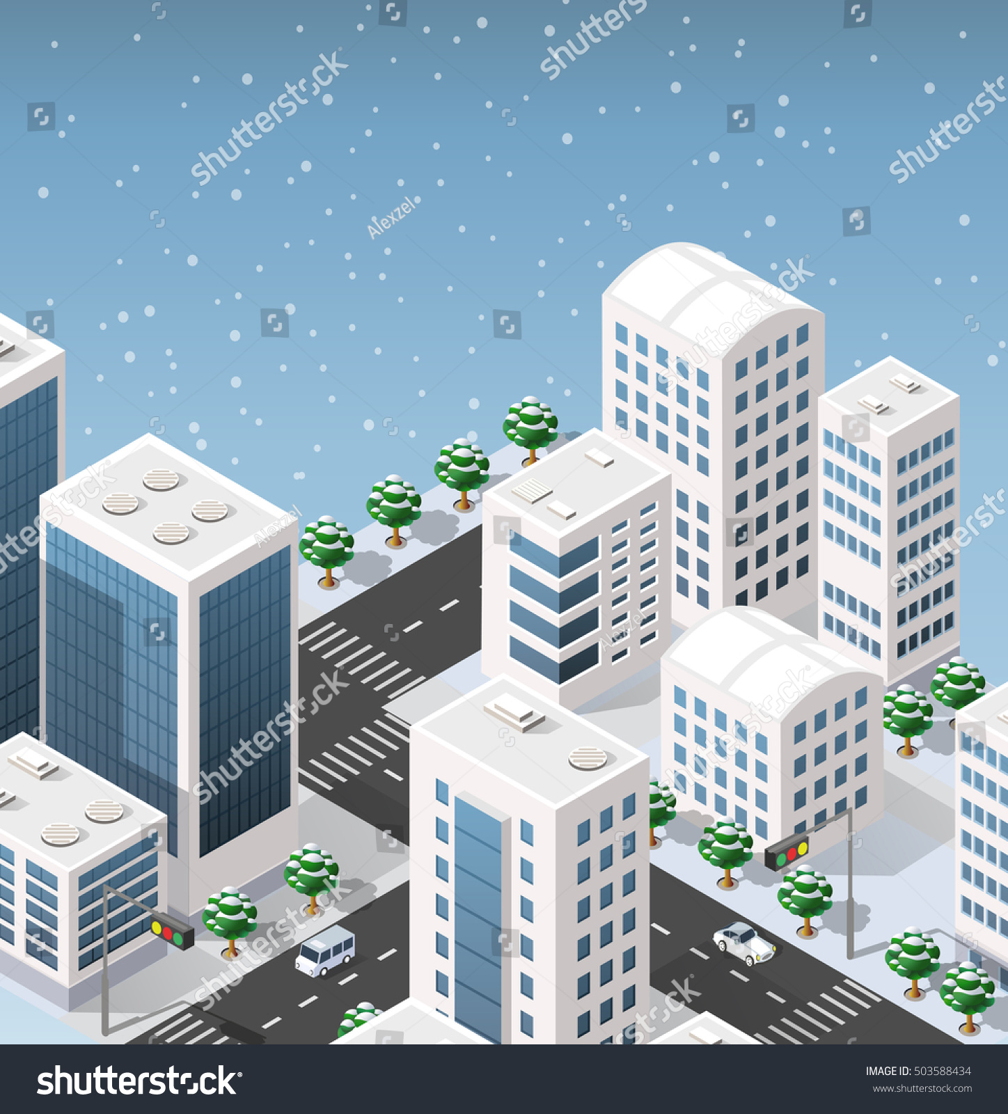 Isometric module of the modern 3D city. Winter landscape snowy trees  streets. Three-dimensional views of skyscrapers  houses  buildings and urban areas  transport roads  intersections. Xmas country