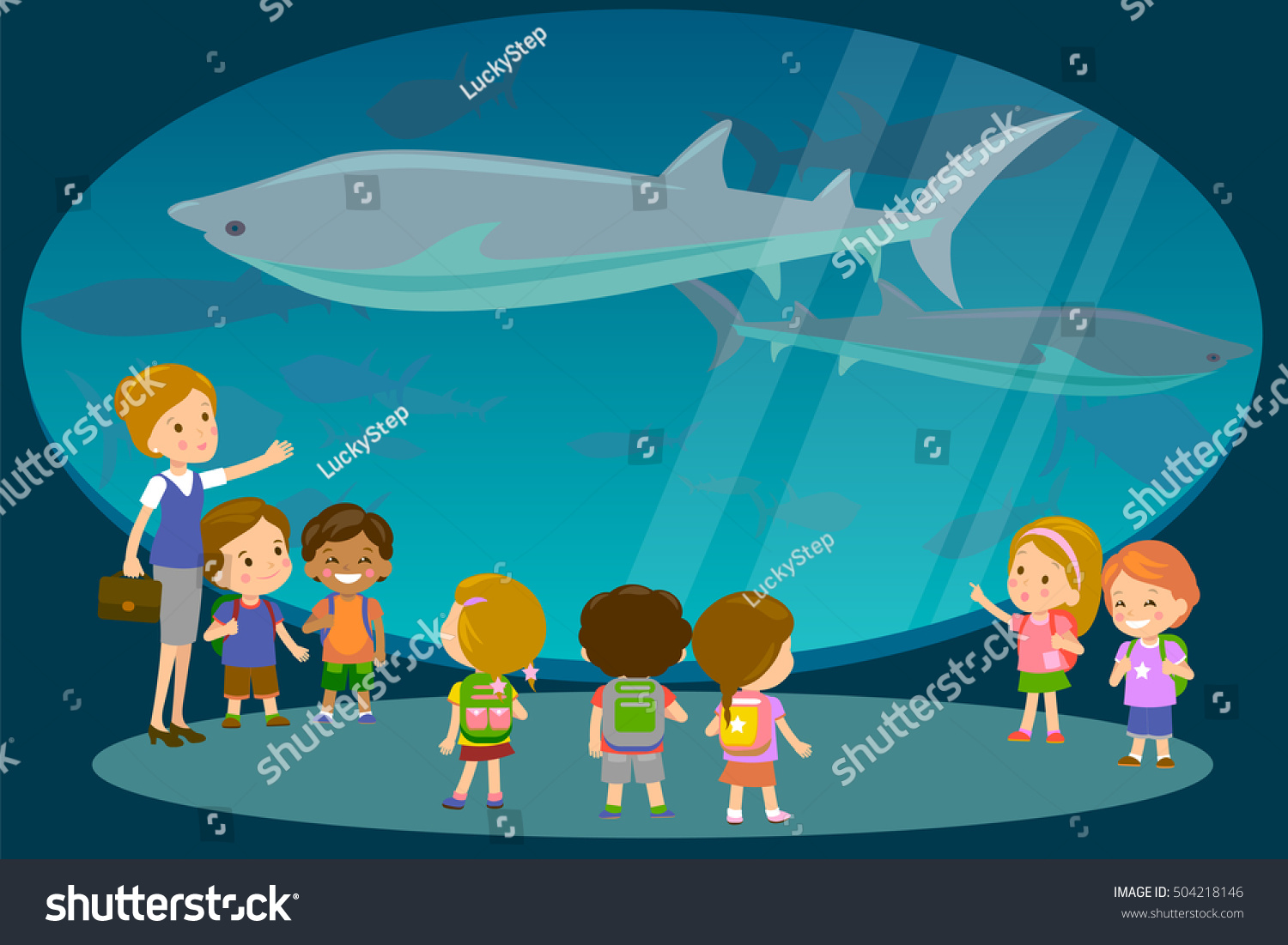 Group of kids watching sharks at oceanaruim aquarium excursion with a teacher. School or kindergarten students on filed trip. Modern flat style vector illustration