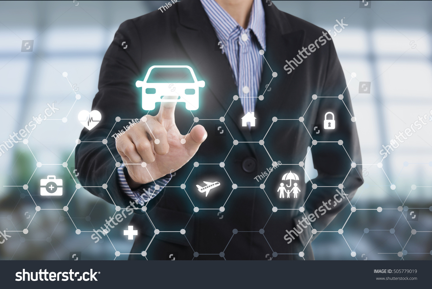 business salesman agent hand pressing button protection car concept travel insurance.
