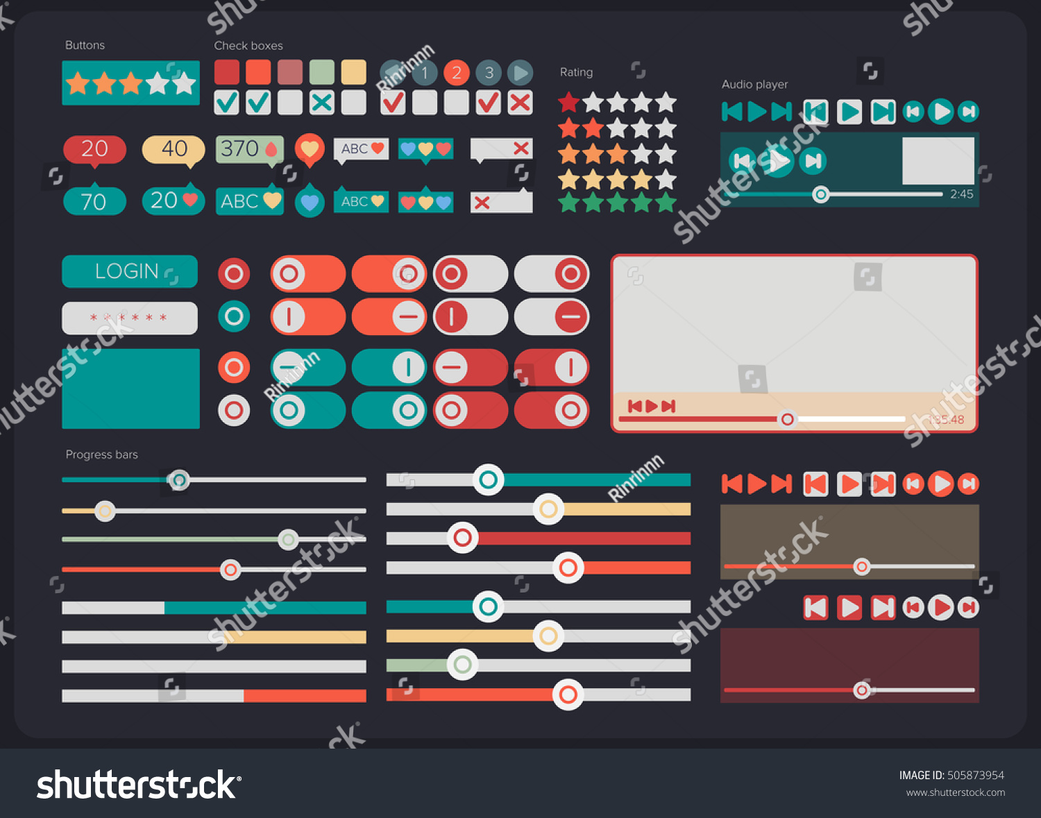 Web UI KIT elements flat design. Web elements: Icons  web forms  button  check box  radio button  switch button.