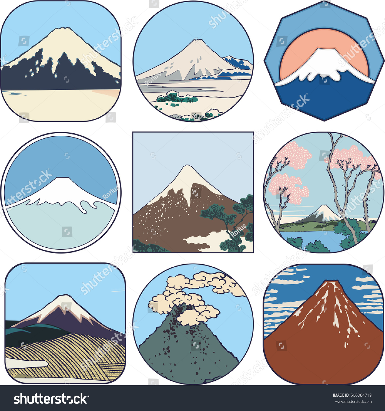Picturesque sketches of Mount Fuji in Japan. Set of views of Mount Fuji from different sides and in all seasons.