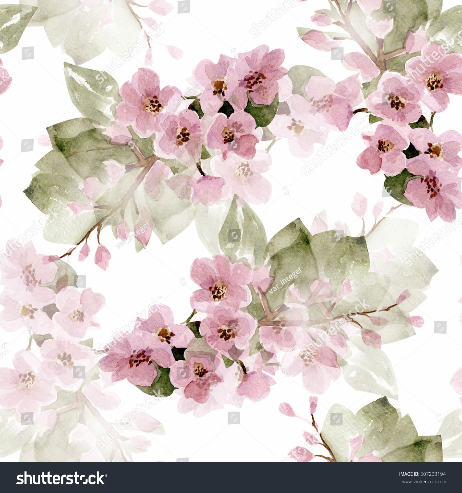 seamless watercolor pattern with a branch of a tree with pink flowers