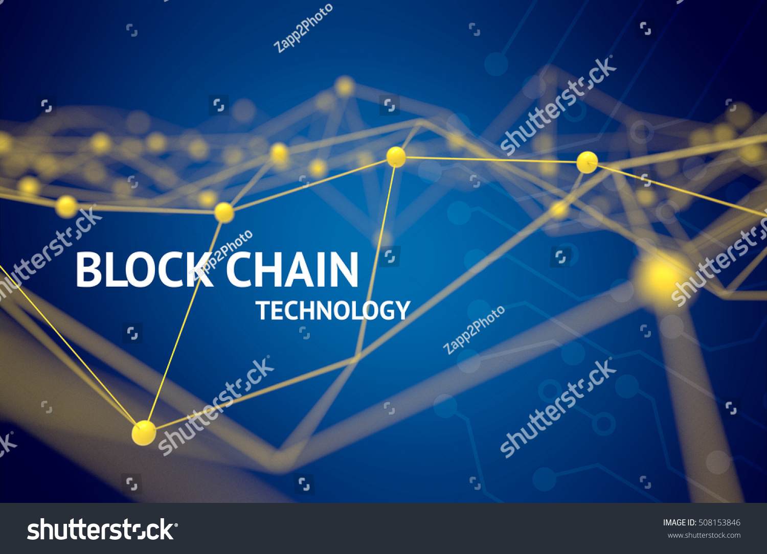 Fintech technology and Blockchain network concept Distributed ledger technology Yellow Distributed connection atom and text with blue background 3d rendering