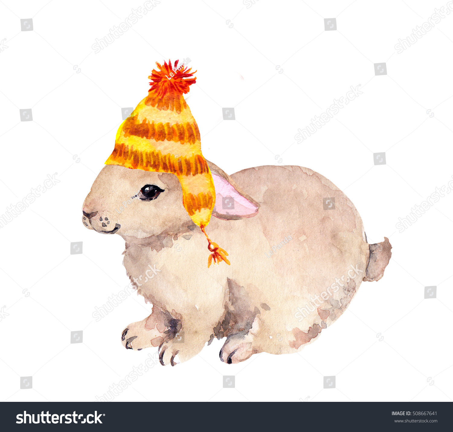 Rabbit animal in knitting hat and scarf. Christmas watercolor