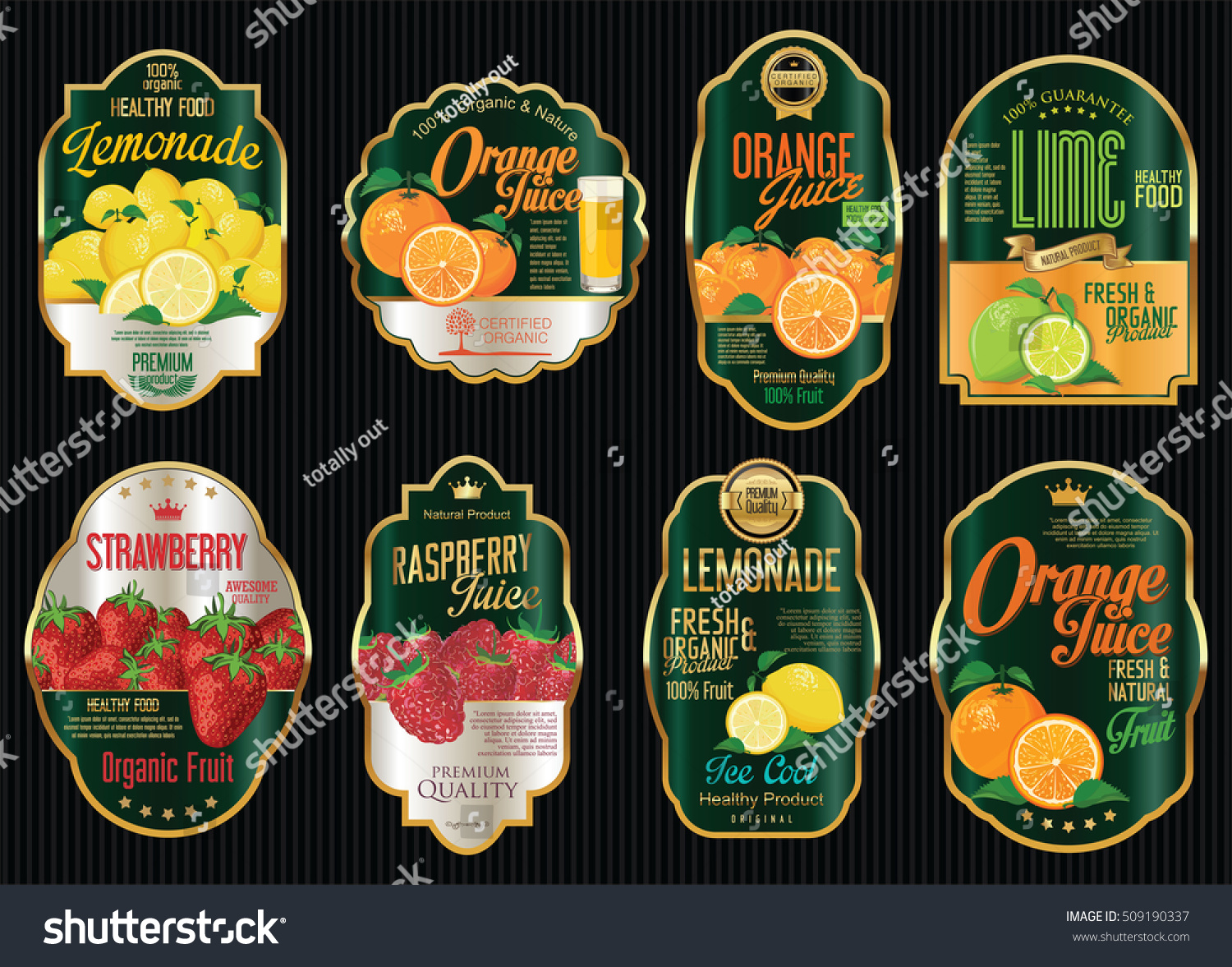 Set of organic fruit retro vintage golden labels collection