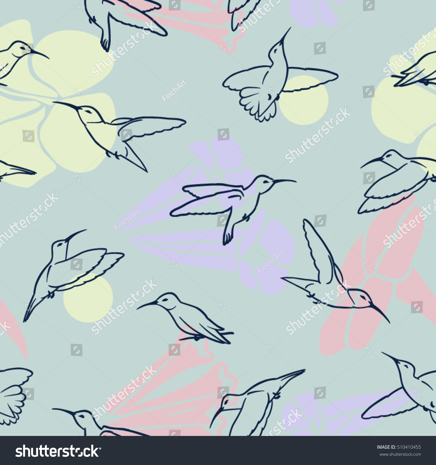 Hummingbirds with floral background seamless vector pattern
