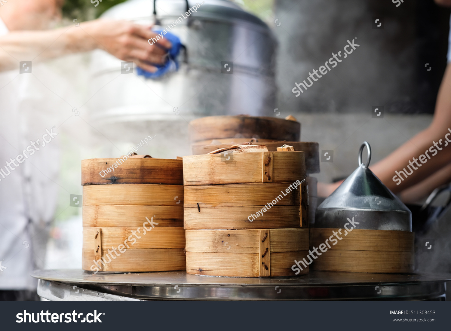 close up dim sum in bamboo steamer yumcha of chinese cuisine with blurry background