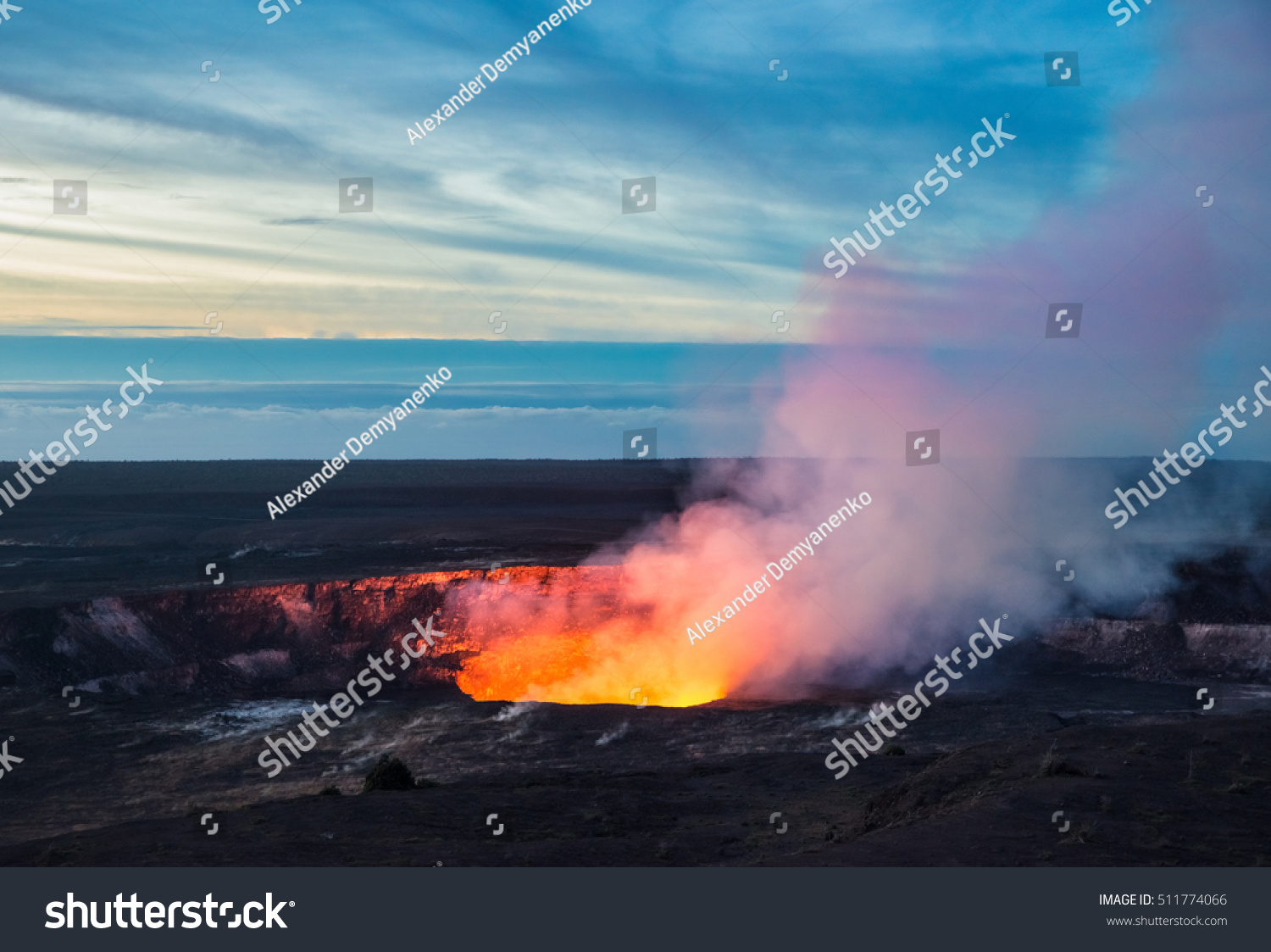 Fire and steam erupting from Kilauea Crater (Pu'u O'o crater)  Hawaii Volcanoes National Park  Big Island of Hawaii