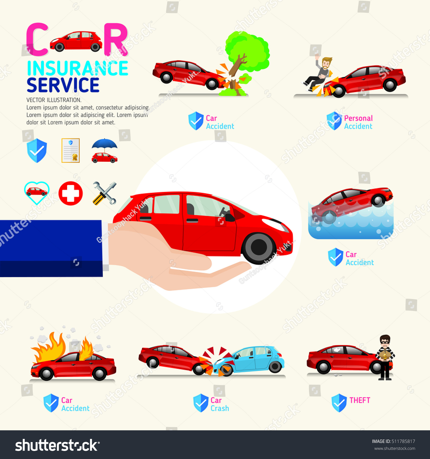 Car insurance business service icons template. Can be used for workflow layout  banner  diagram  number options  web design  timeline  info graphics.Vector illustration.