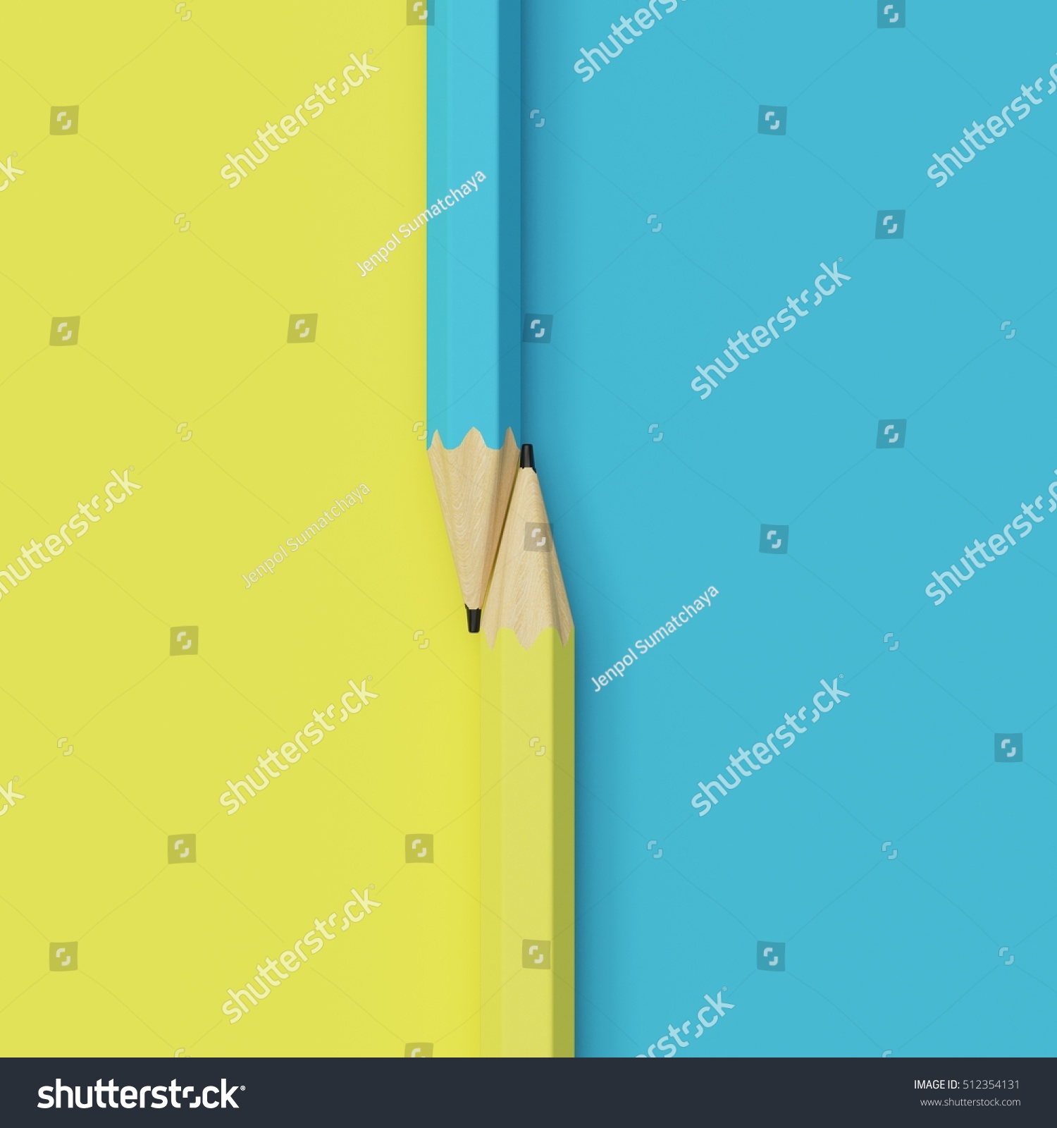 closeup blue and yellow pencil on blue and yellow colors background. minimal concept.