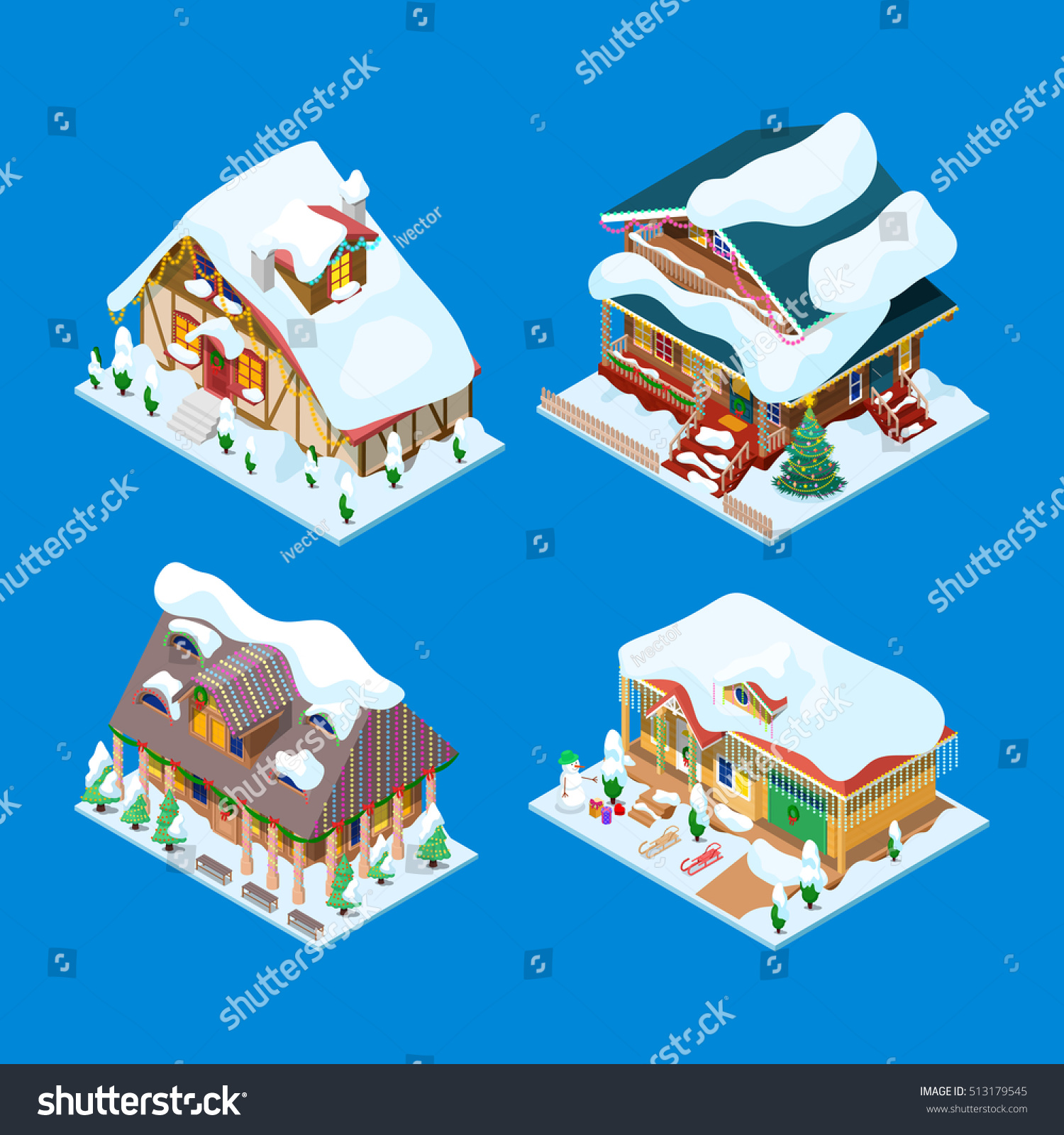 Isometric Christmas Decorated Houses with Fir Tree and Snowman. Vector 3d flat illustration