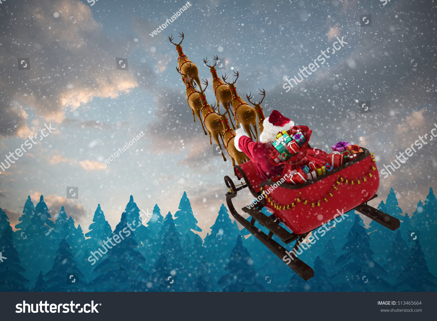 High angle view of Santa Claus riding on sled with gift box against fir tree forest