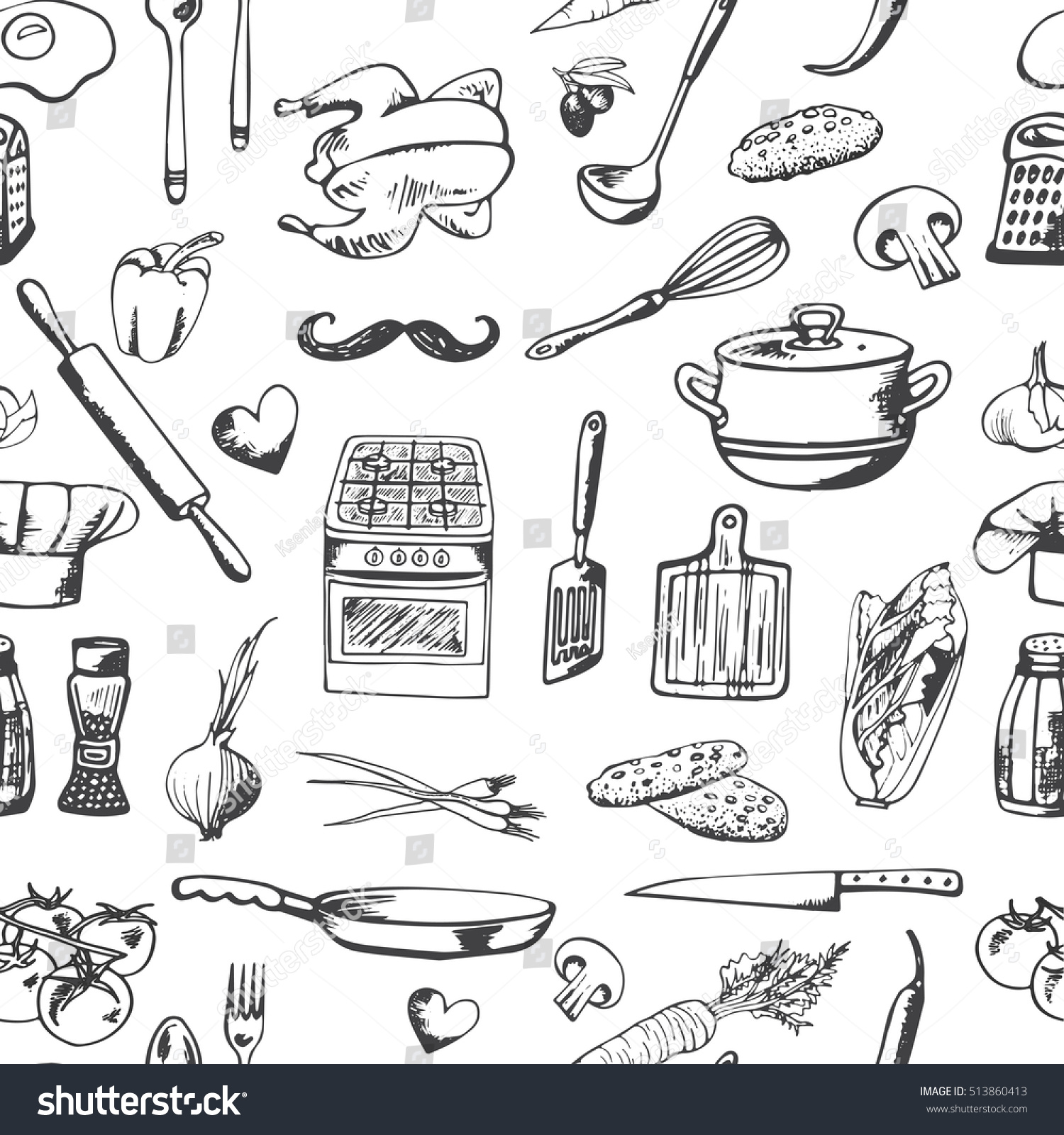 Hand drawn seamless pattern with decorative cooking icons. Vector sketch background with kitchen utensils   vegetables  cooking hob  products  kitchenware. Doodle elements.